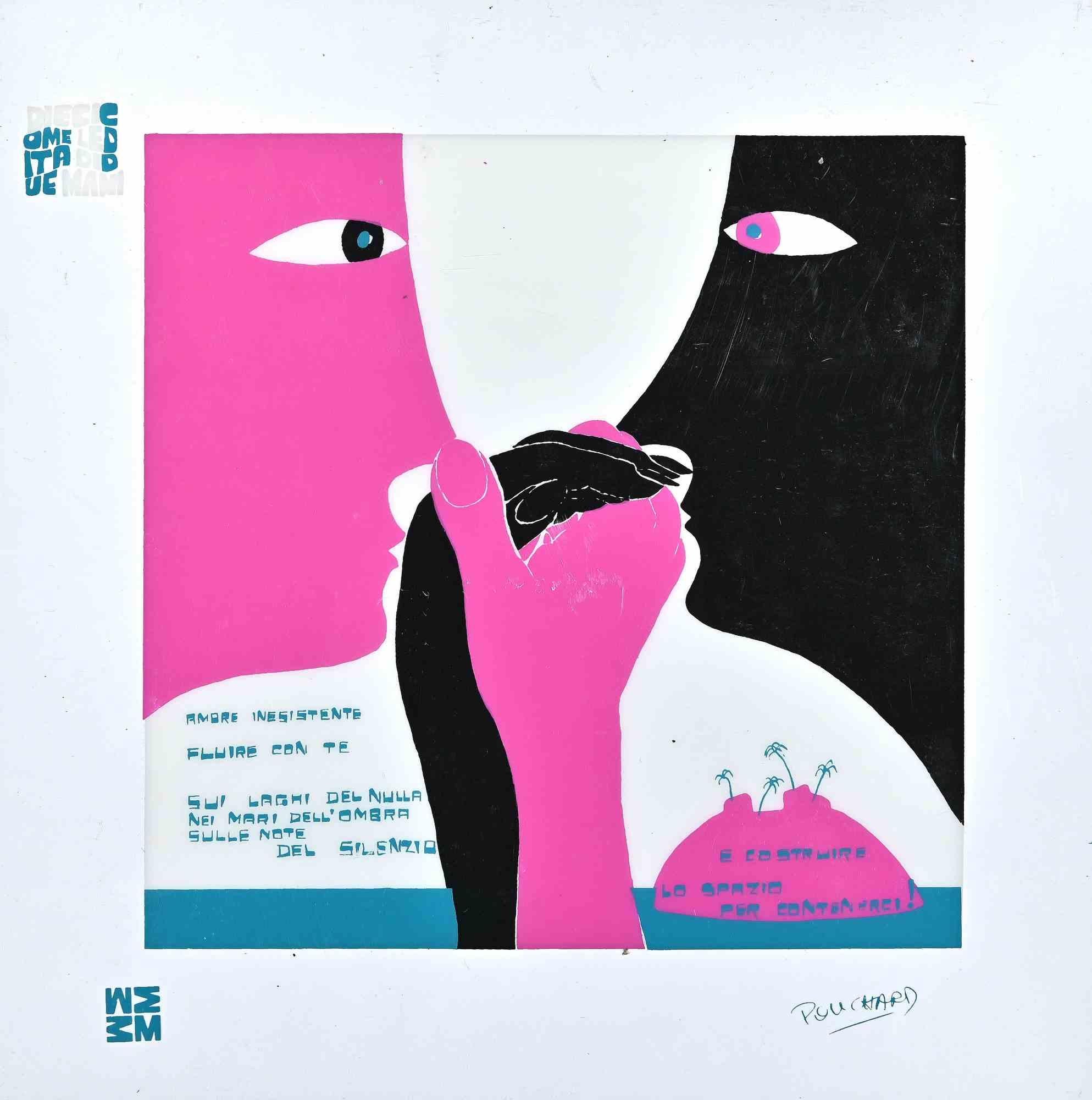 Fluire con Te - Diecicomeleditadiduemani is a color silk-screen print on acetates, realized in  1973  by the artist  Ennio Pouchard  (1928).

Signed on plate  on the lower right.

From the porfolio " Diecicomeleditadiduemani ", containing 10