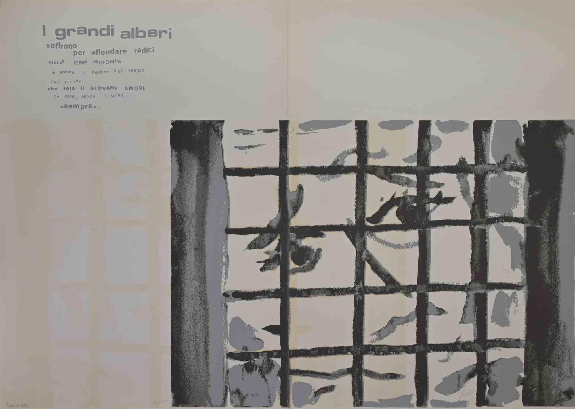Stampa offset e serigrafica realizzata da Ennio Pouchard negli anni Settanta.

Edizione di 75 esemplari.

Buone condizioni.