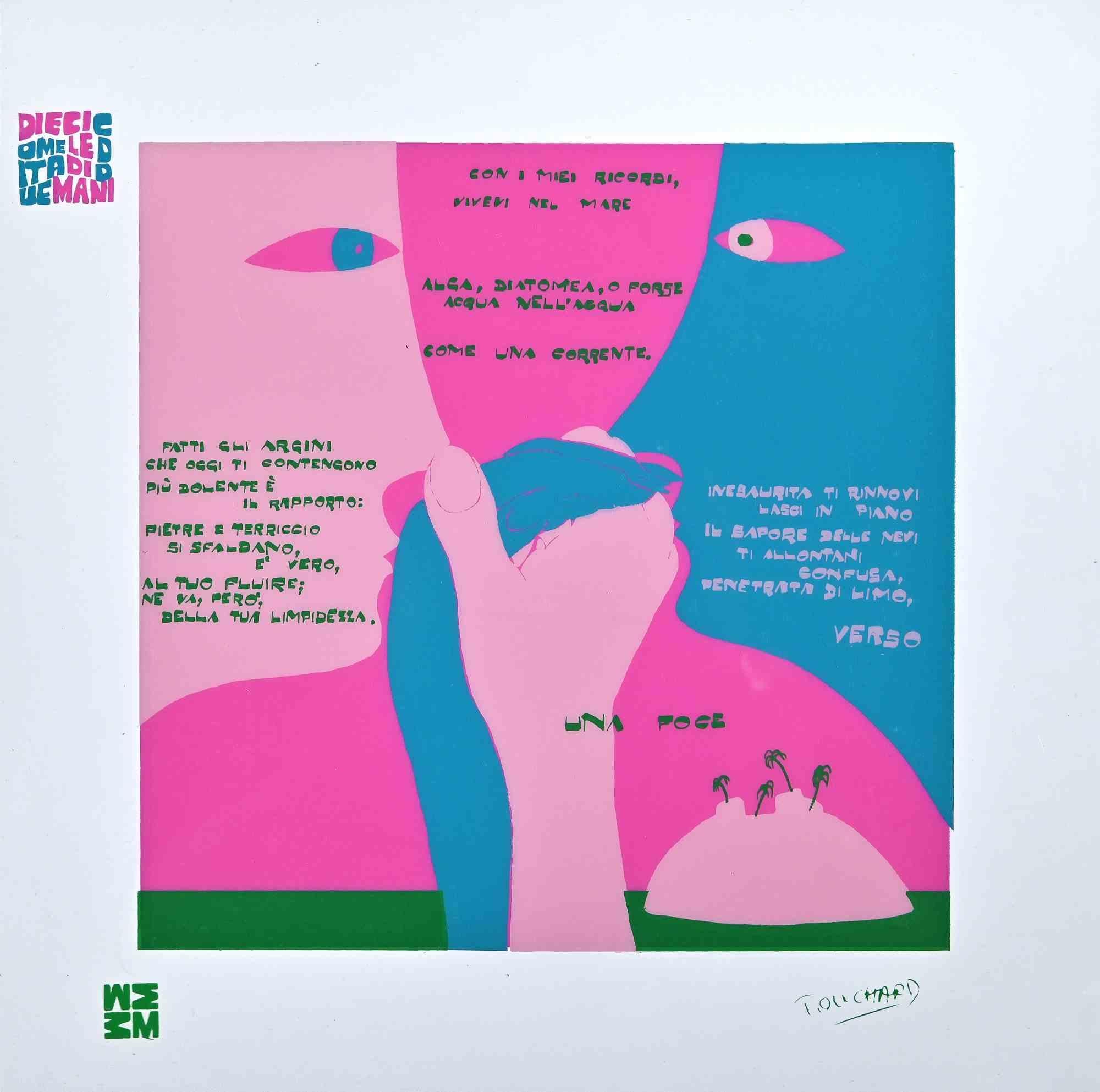 Una Foce - Diecicomeleditadiduemani  is a color silk-screen print on acetates, realized in  1973  by the artist  Ennio Pouchard  (1928).

Signed on plate  on the lower right.

From the porfolio " Diecicomeleditadiduemani ", containing 10 silk-screen