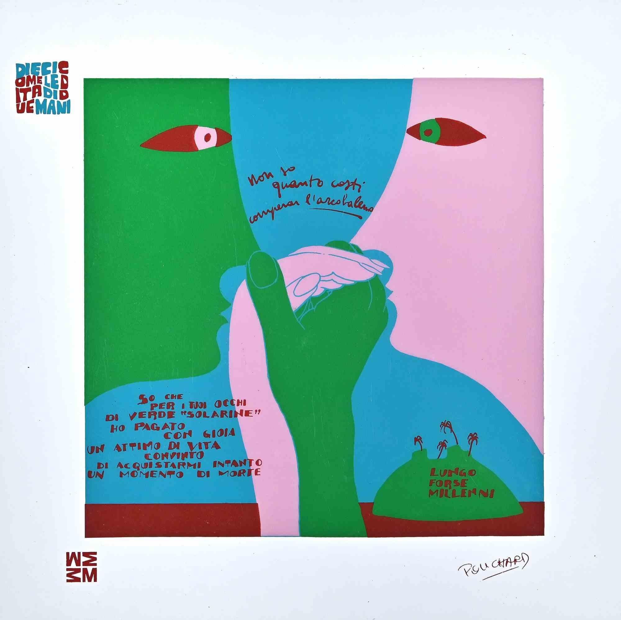 Una Perla is a color silk-screen print on acetates, realized in  1973  by the artist  Ennio Pouchard  (1928).

Signed on plate  on the lower right.

From the porfolio " Diecicomeleditadiduemani ", containing 10 silk-screen prints on acetates, with