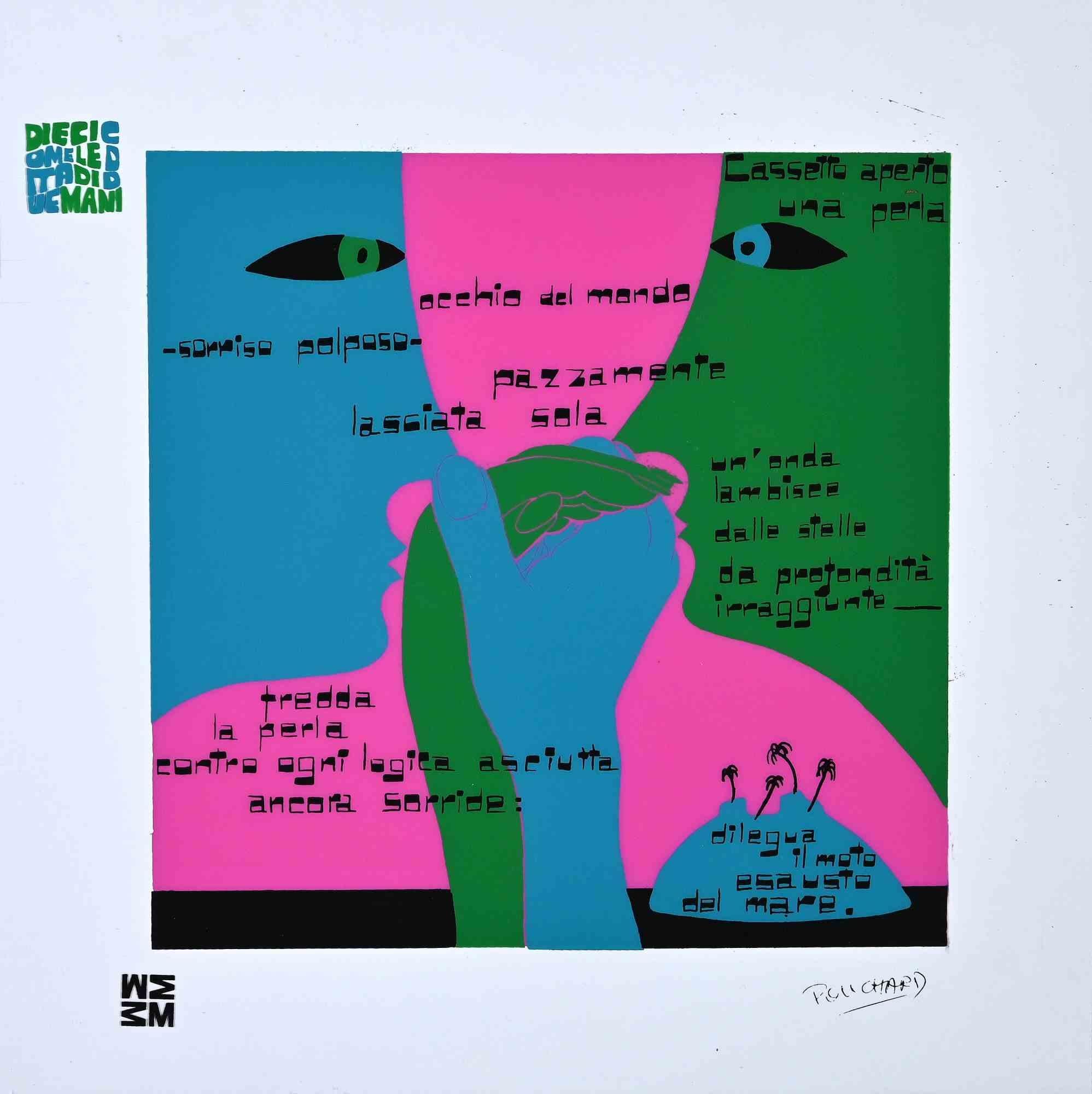 Una Perla is a color silk-screen print on acetates, realized in  1973 by the artist Ennio Pouchard  (1928).

Signed on plate  on the lower right.

From the porfolio " Diecicomeleditadiduemani ", containing 10 silk-screen prints on acetates, with