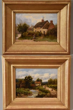Oil Painting by Enoch Crosland "Rustic Cottages at Mackworth, Derbyshire" and "V