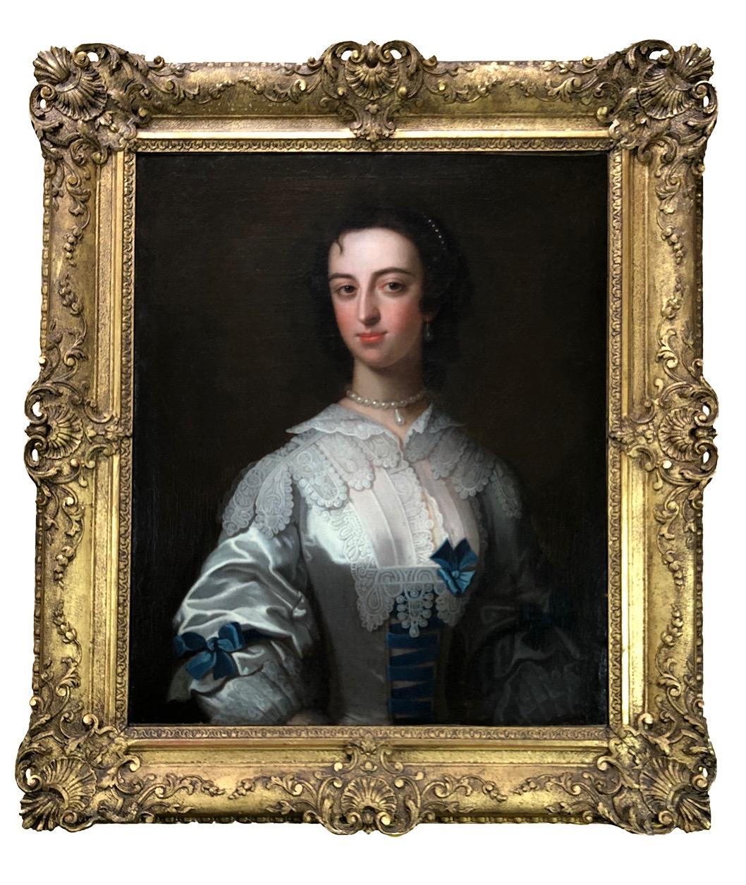 18th Century Portrait of a Lady in an Elaborate Blue and White Costume. - Painting by Enoch Seeman