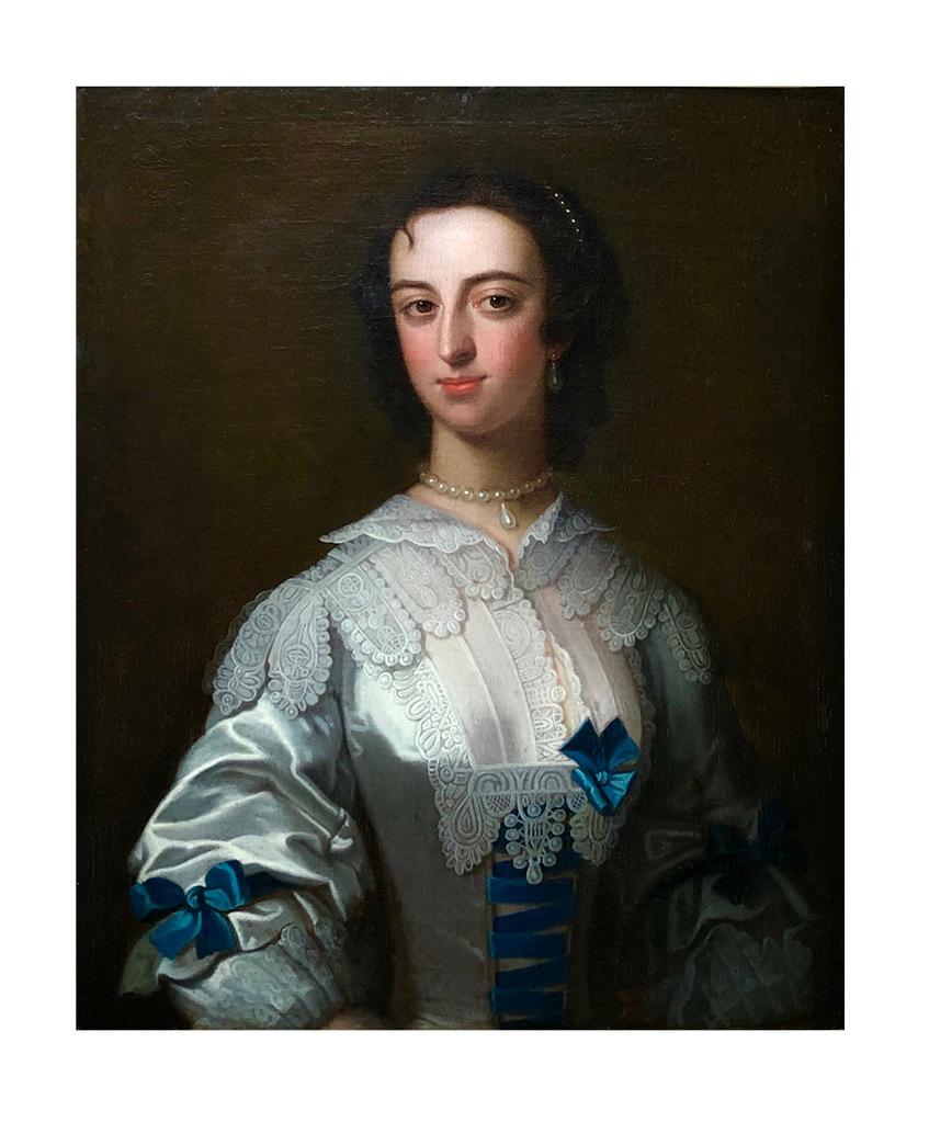 Enoch Seeman Portrait Painting - 18th Century Portrait of a Lady in an Elaborate Blue and White Costume.