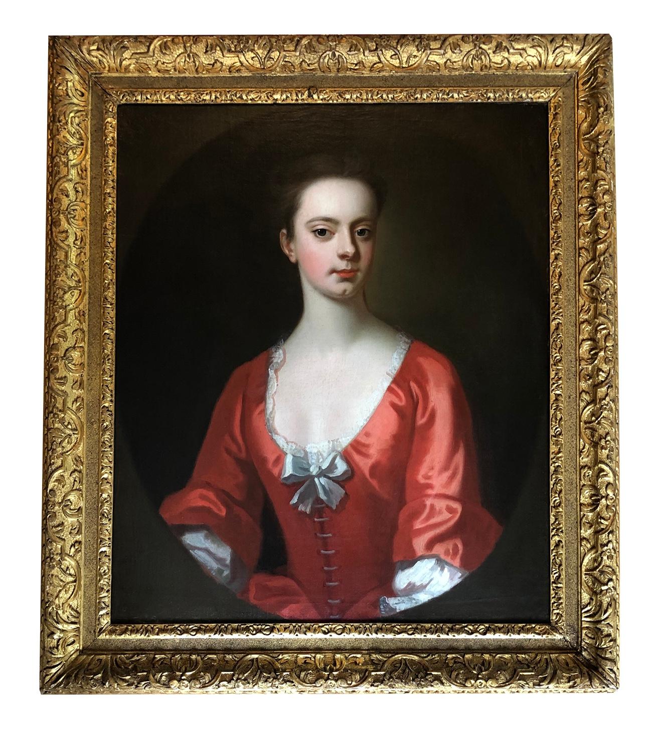 18th Century Oil Portrait  of Judith Morice in an Orange Silk Dress. - Painting by Enoch Seeman