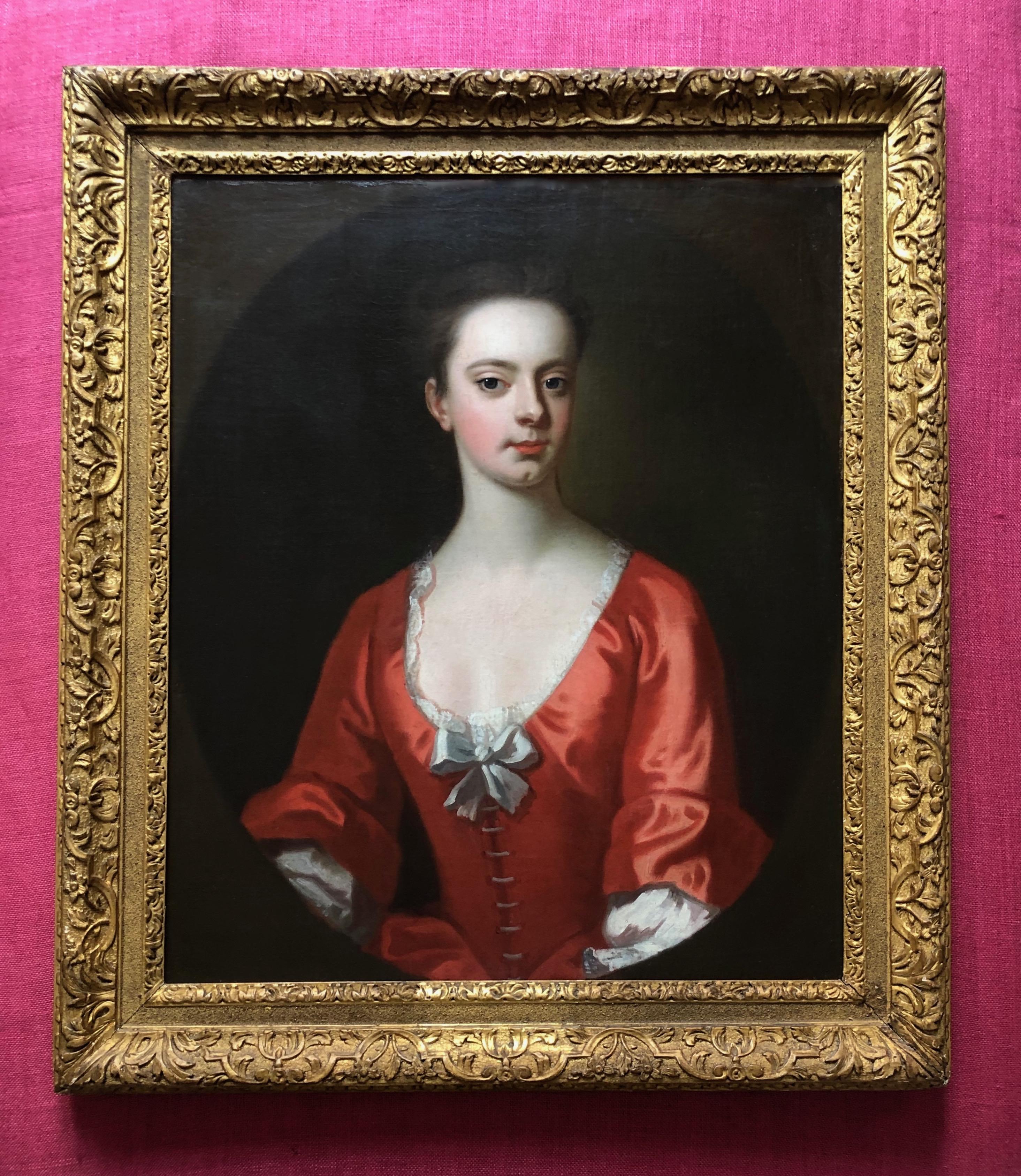 18th Century Oil Portrait  of Judith Morice in an Orange Silk Dress. 1