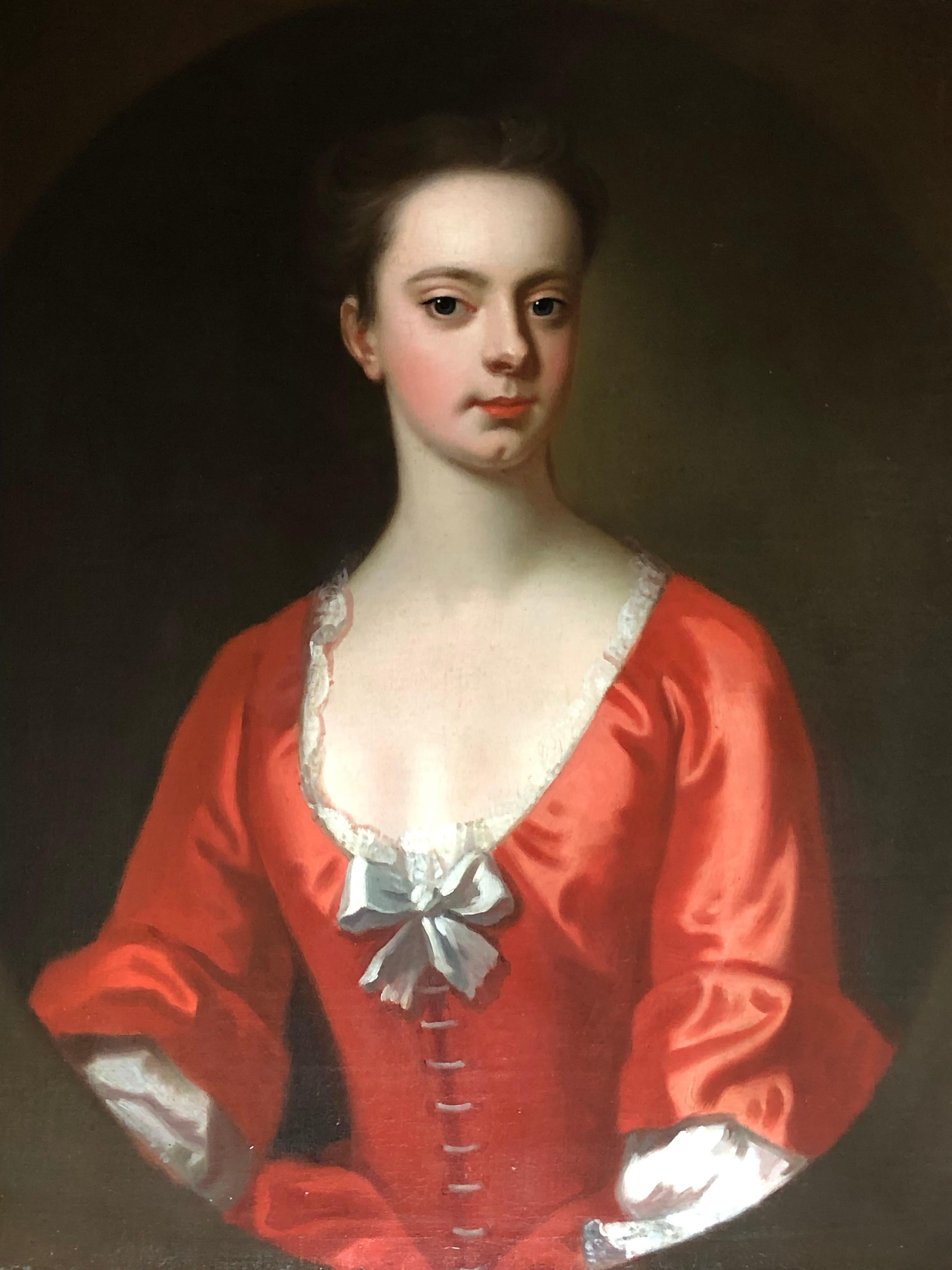 Enoch Seeman Portrait Painting - 18th Century Oil Portrait  of Judith Morice in an Orange Silk Dress.