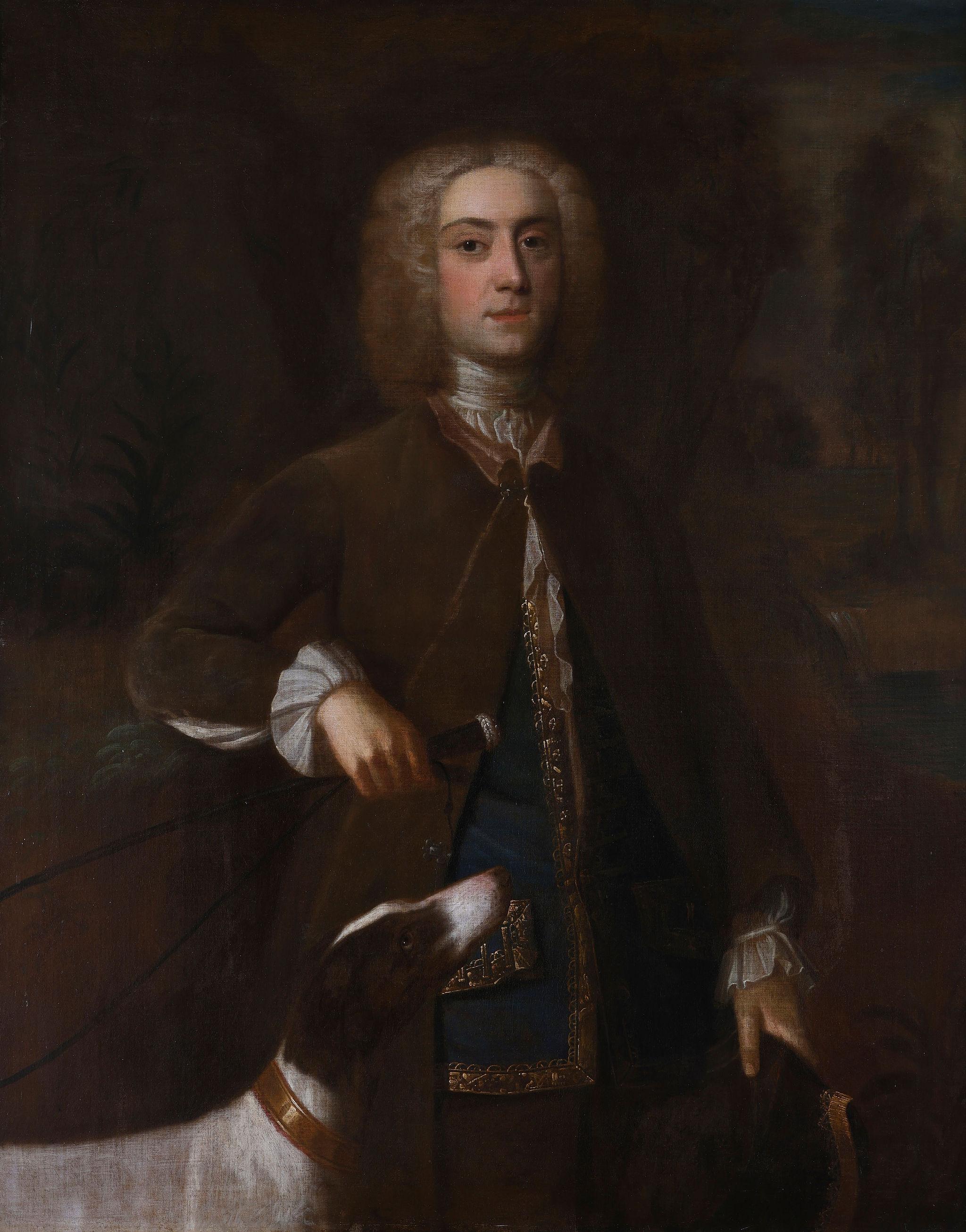 Ritratto di un gentiluomo con il suo cane -  Forse Abraham Tucker. Olio su tela - Painting di Enoch Seeman