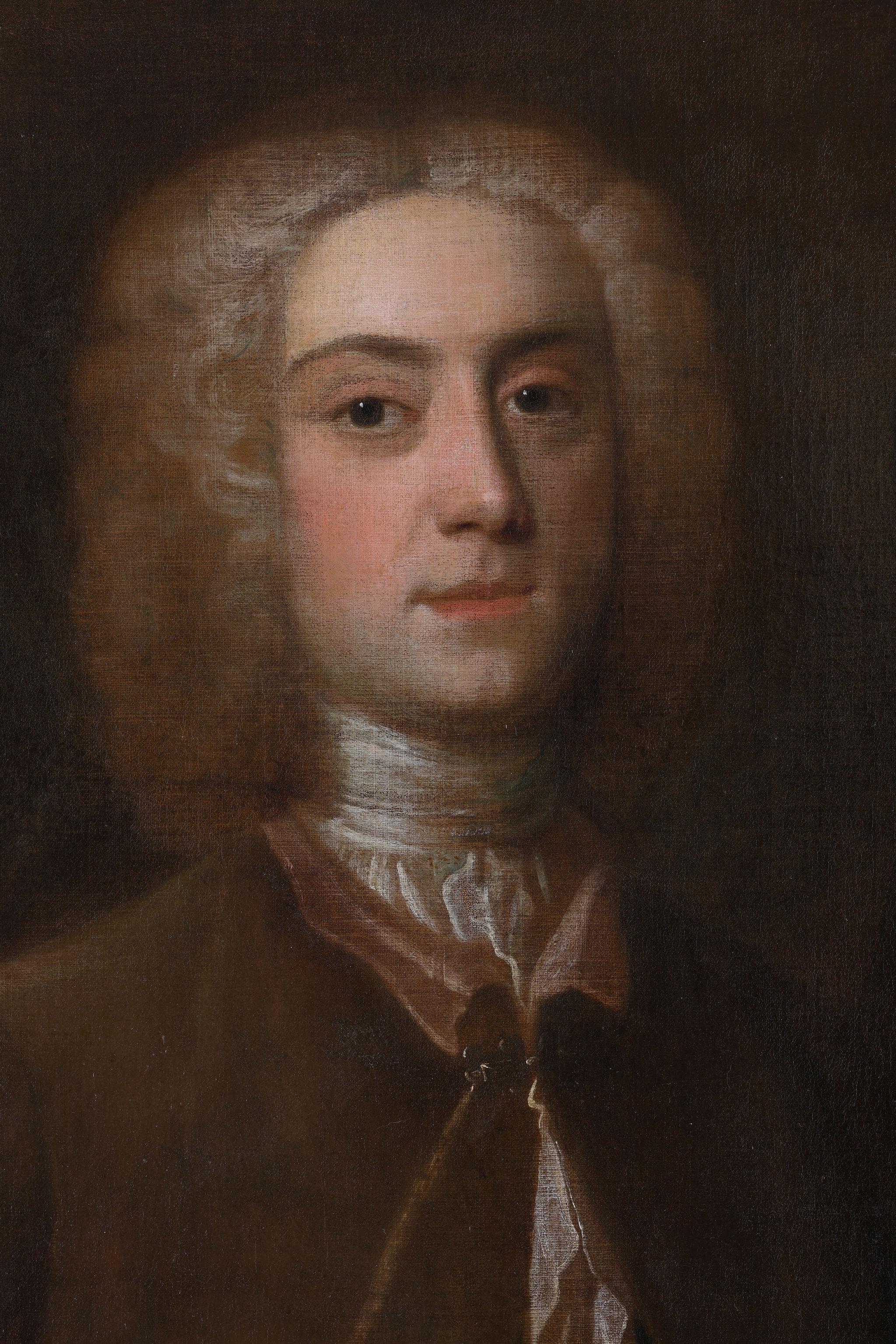 Enoch Seeman - 1894 - 1744
An excellent example of Seeman's work. It is typically unsigned as was the case of many portraits of that time. A three quarter length portrait showing a rich upper classed man with beautiful  and expensive clothing. He is