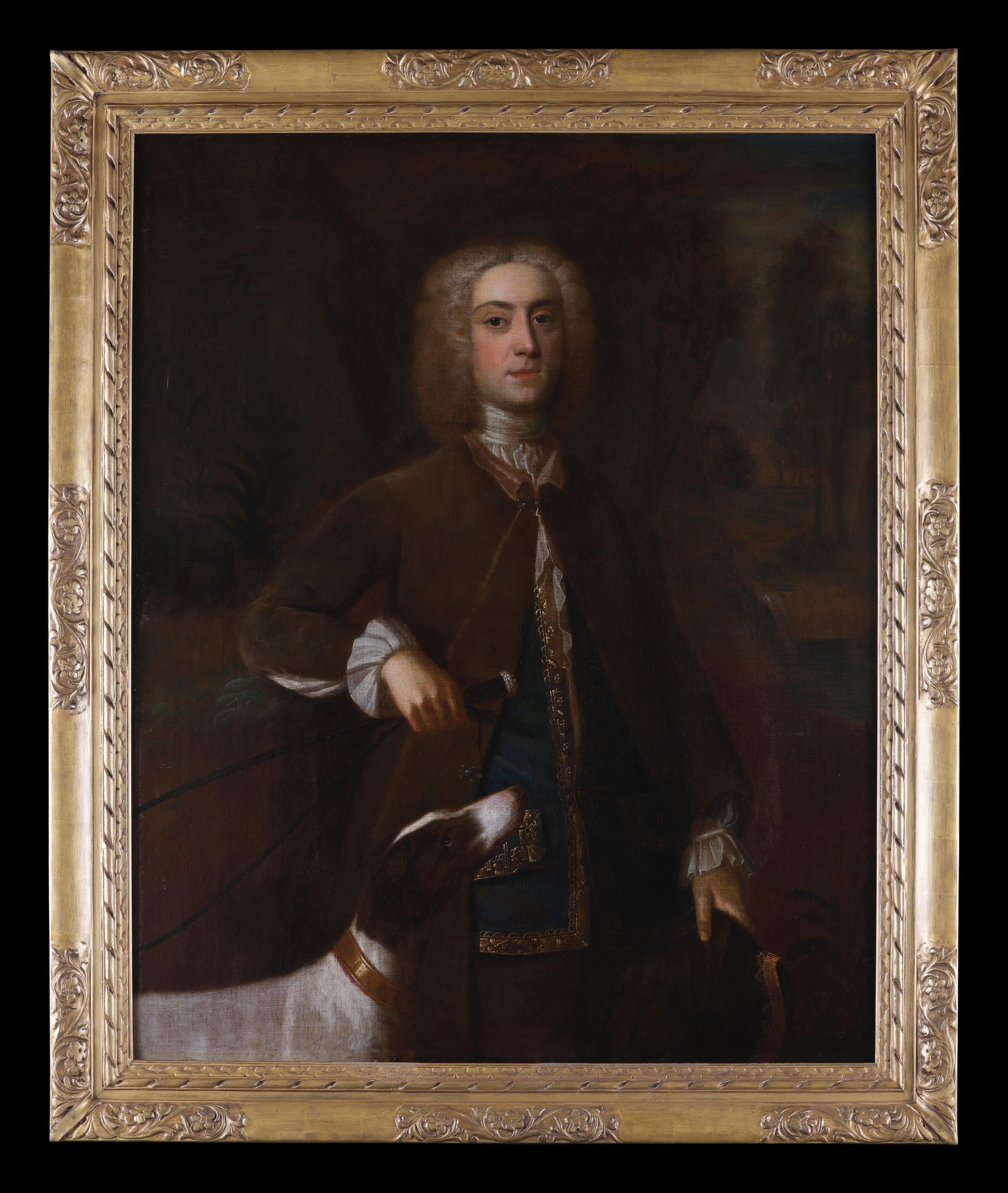 Portrait Painting di Enoch Seeman - Ritratto di un gentiluomo con il suo cane -  Forse Abraham Tucker. Olio su tela