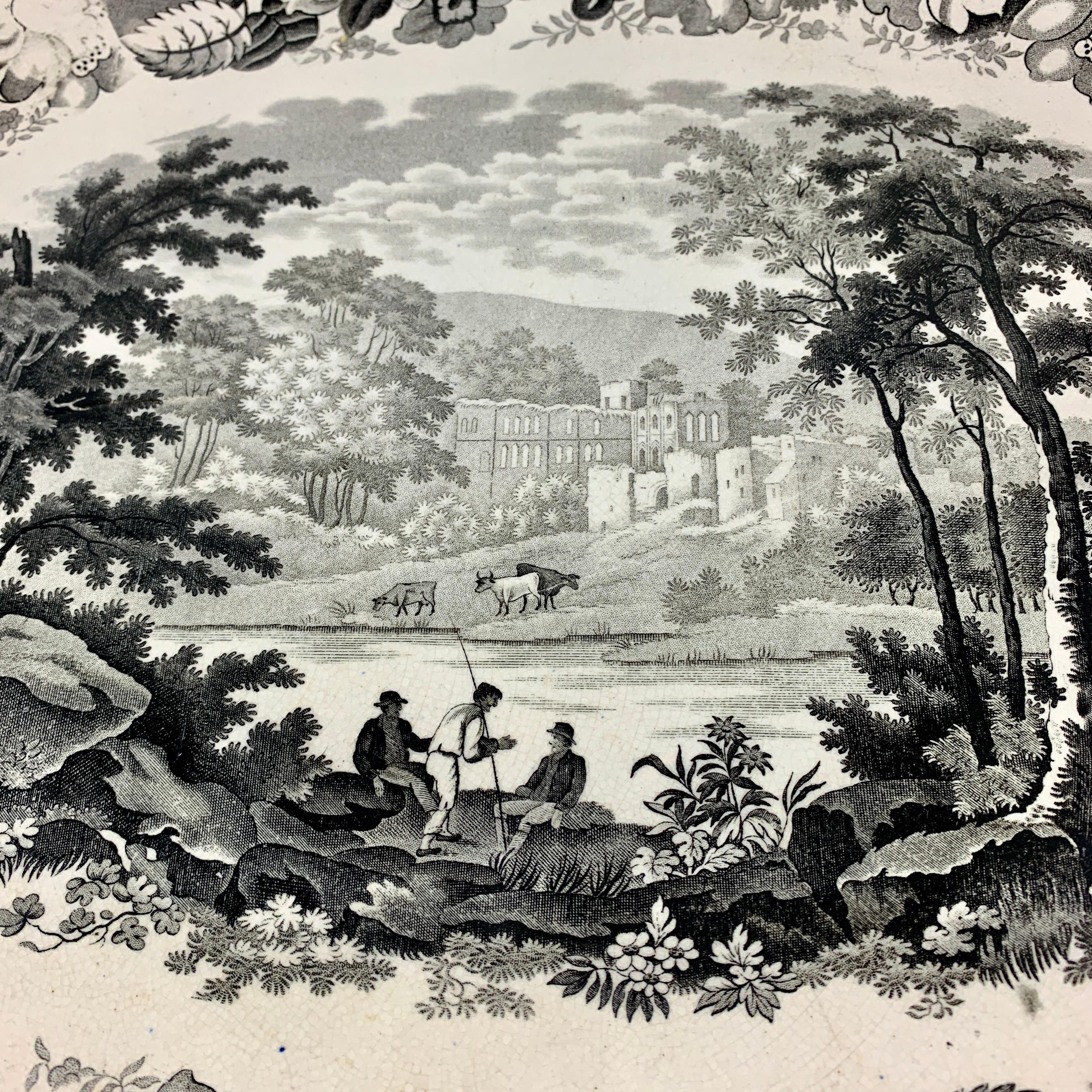 A black on white transfer printed platter, the Rievaulx Abbey, Yorkshire pattern, made by Enoch Wood & Sons, Burslem, Staffordshire, England, circa 1818-1846.

Often called Wood’s Floral Border Series from the Staffordshire region of England, the