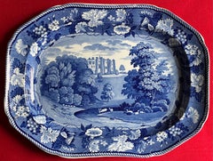 Enoch Wood Blue Transferware Platter - Brancepeth Castle, Durham Circa 1825
