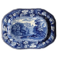Enoch Wood Blue Transferware Platter - Brancepeth Castle, Durham Circa 1825