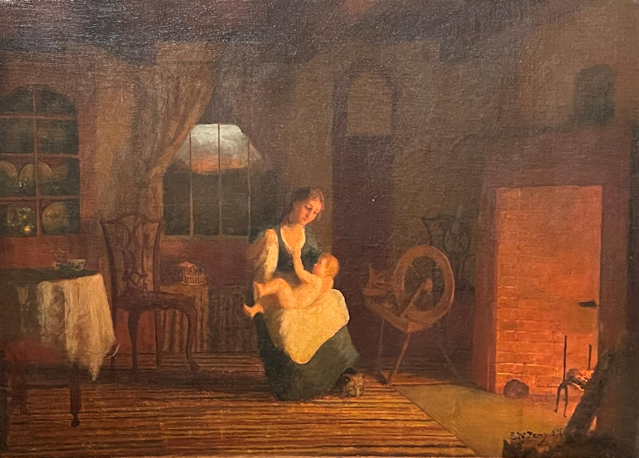 Enoch Wood Perry Jr. Interior Painting - "A Quiet Afternoon, " Enoch Wood Perry, Genre Scene Mother and Child at Fireplace