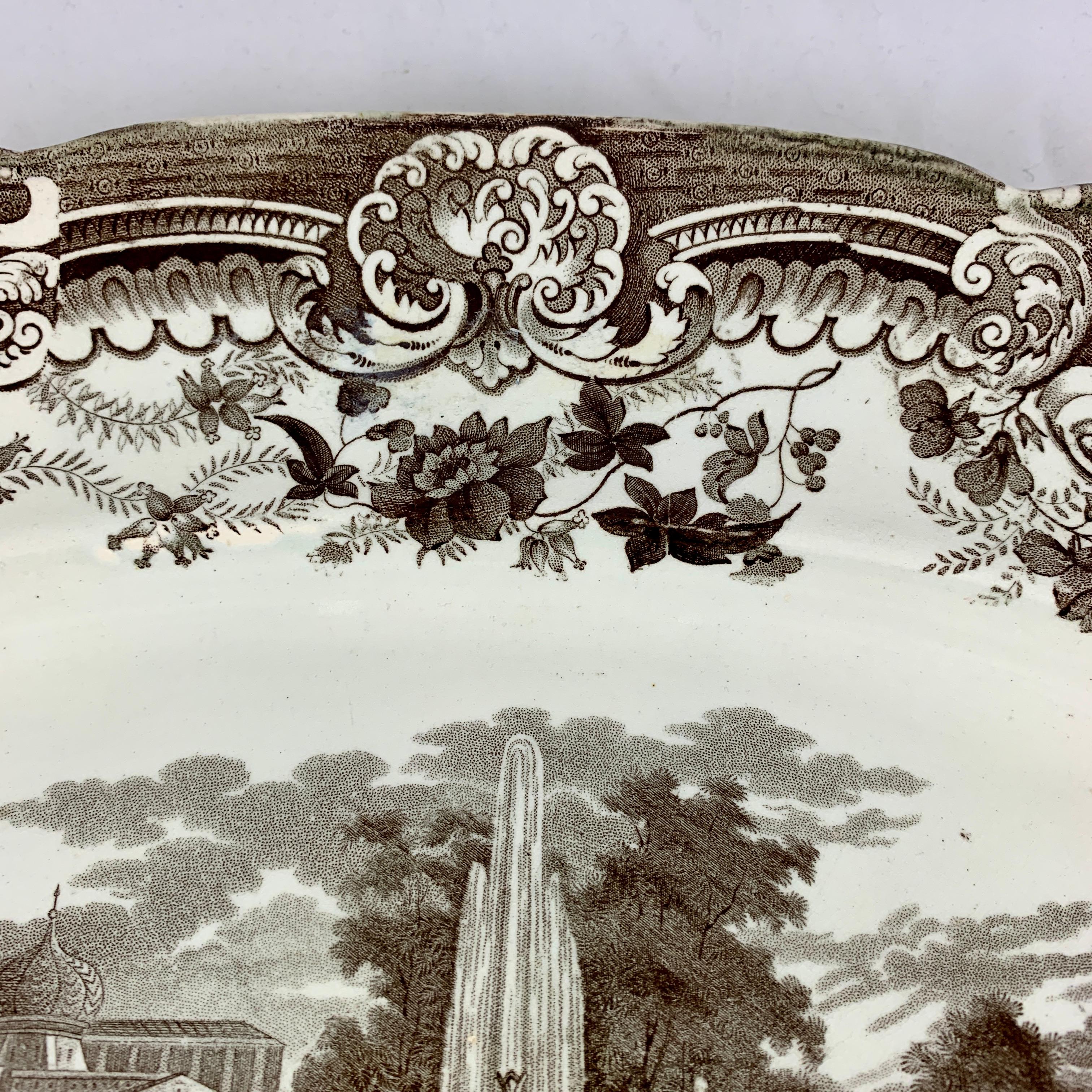 Enoch Wood & Sons English Staffordshire ‘Fountain’ Brown Transferware Platter In Good Condition For Sale In Philadelphia, PA