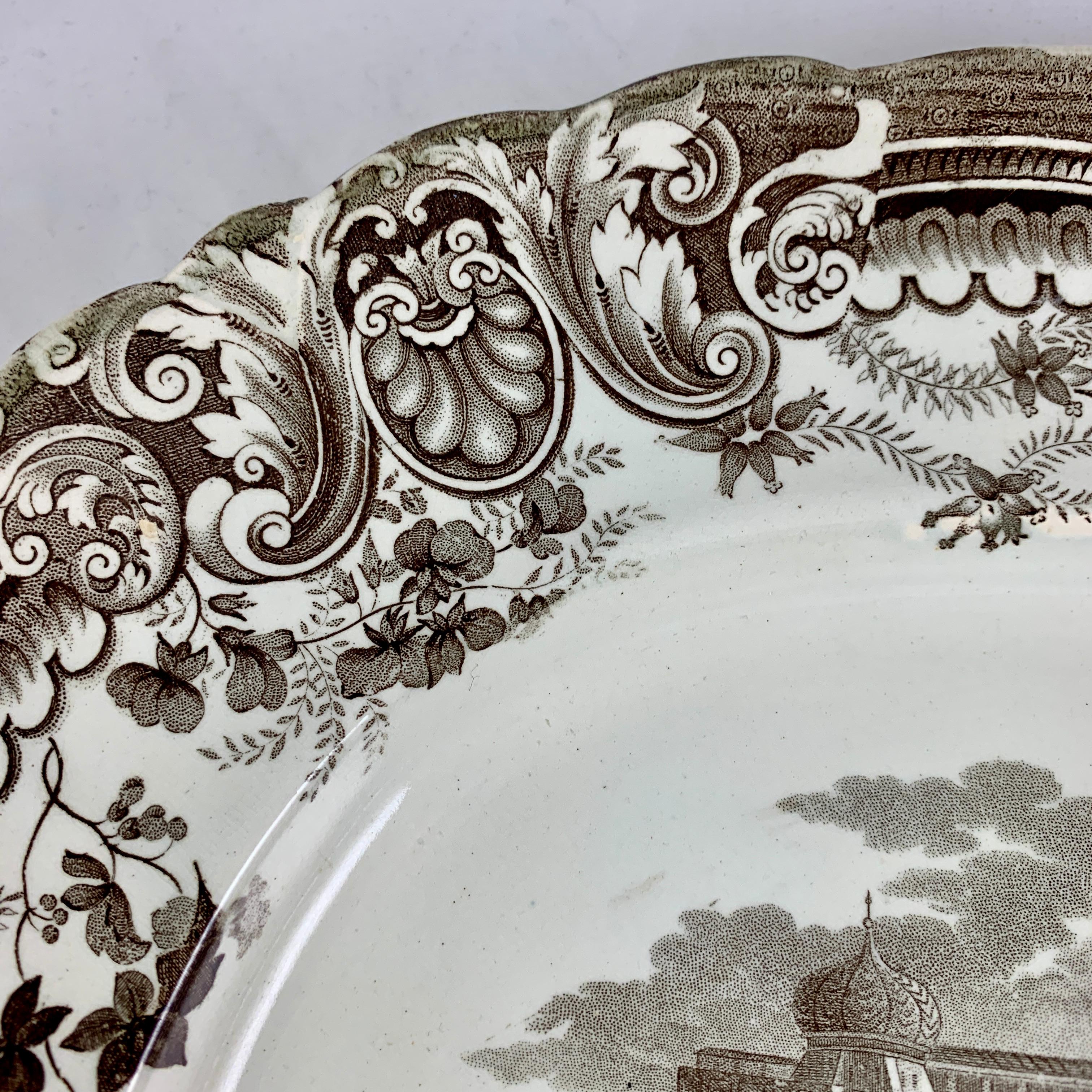 Earthenware Enoch Wood & Sons English Staffordshire ‘Fountain’ Brown Transferware Platter For Sale