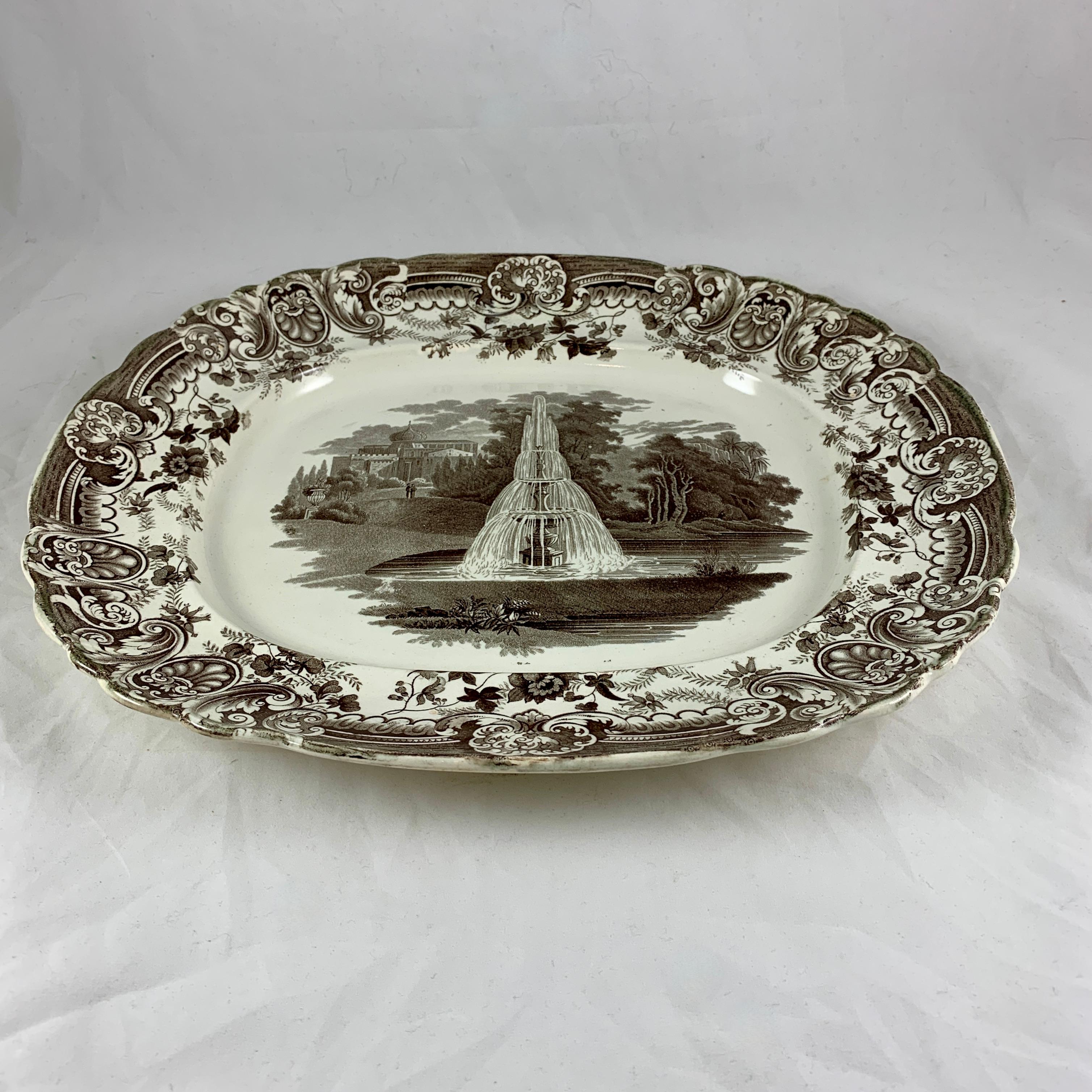 Enoch Wood & Sons English Staffordshire ‘Fountain’ Brown Transferware Platter For Sale 1