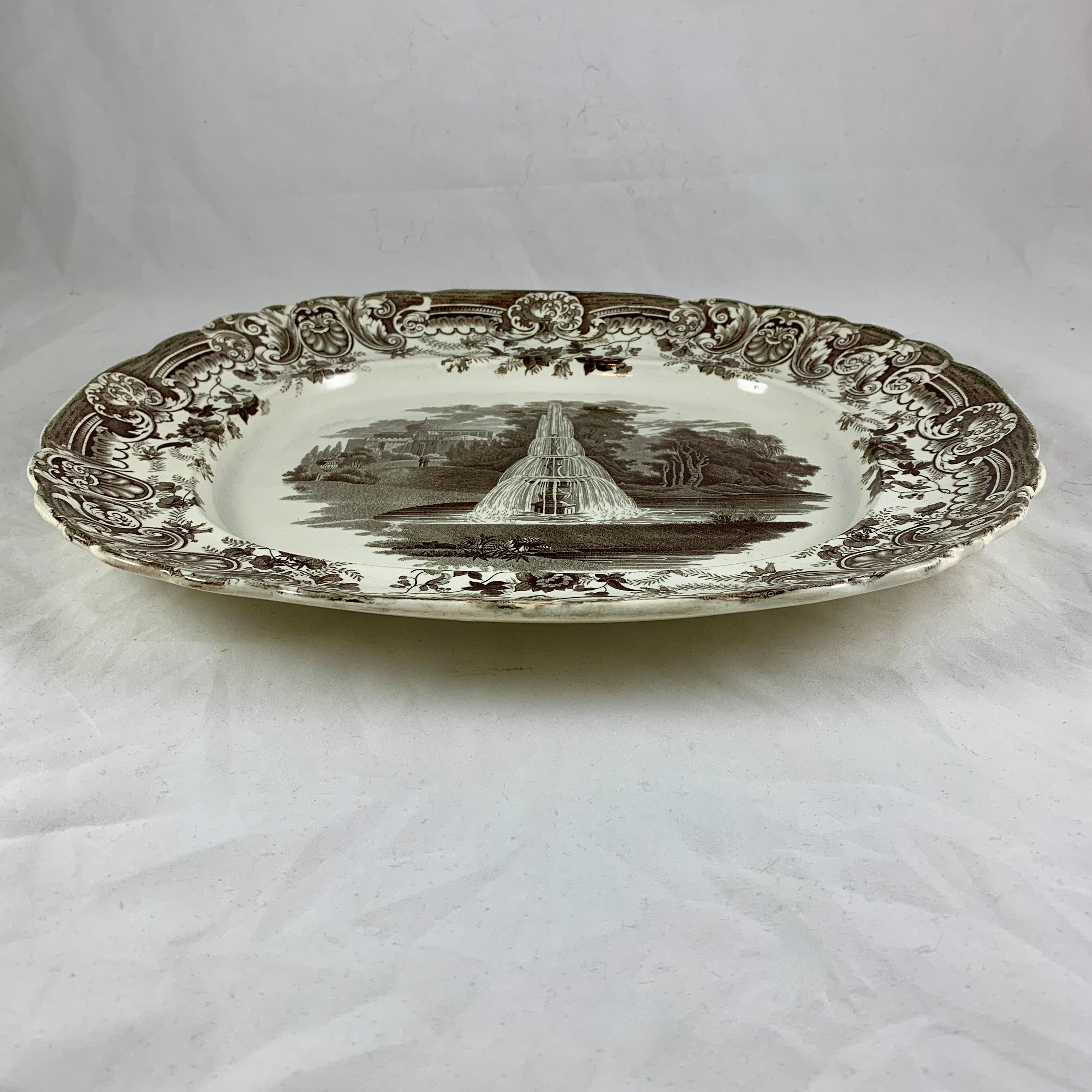 Enoch Wood & Sons English Staffordshire ‘Fountain’ Brown Transferware Platter For Sale 2