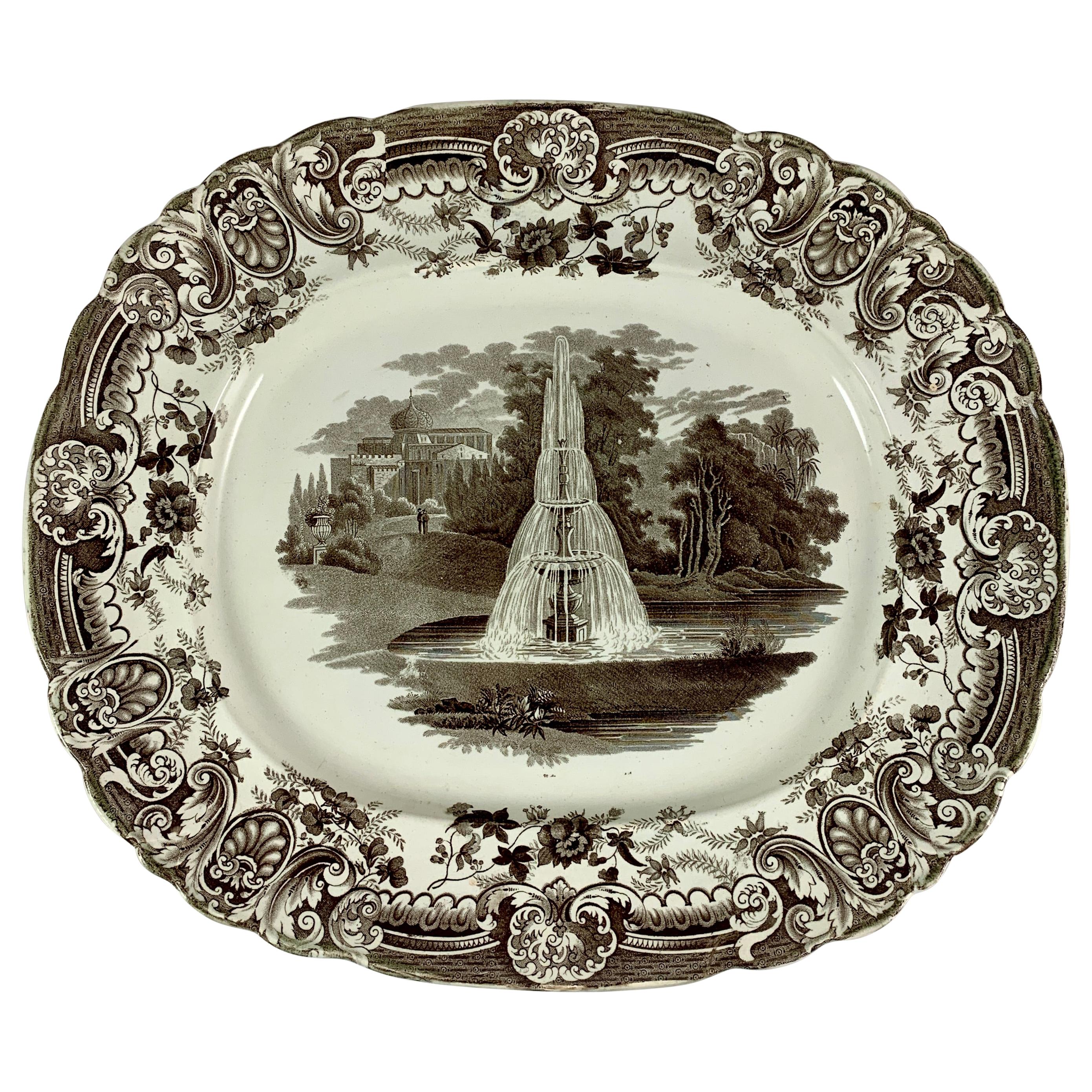 Enoch Wood & Sons English Staffordshire ‘Fountain’ Brown Transferware Platter For Sale