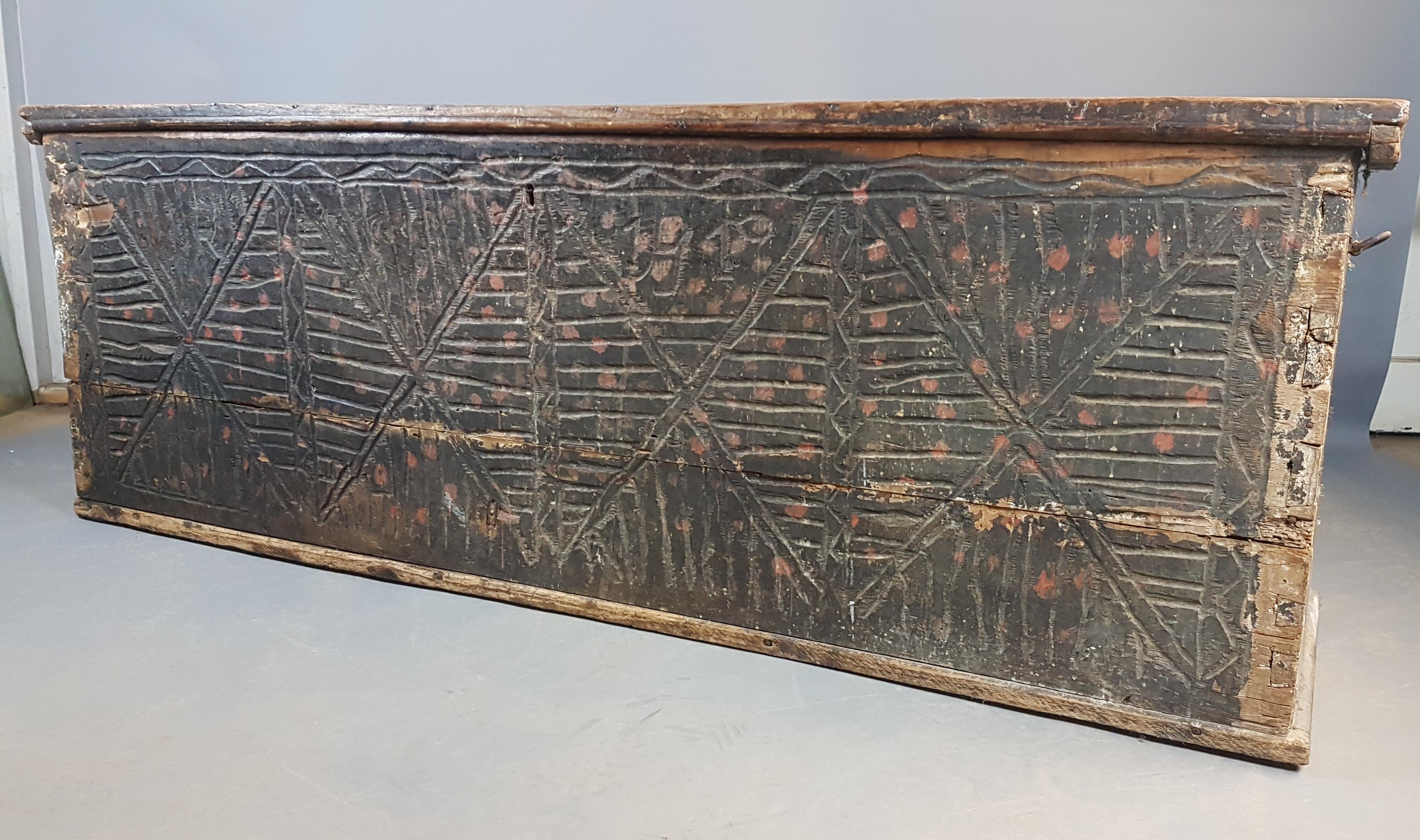 European Enormous 18th Century Carved and Painted Pine Coffer For Sale