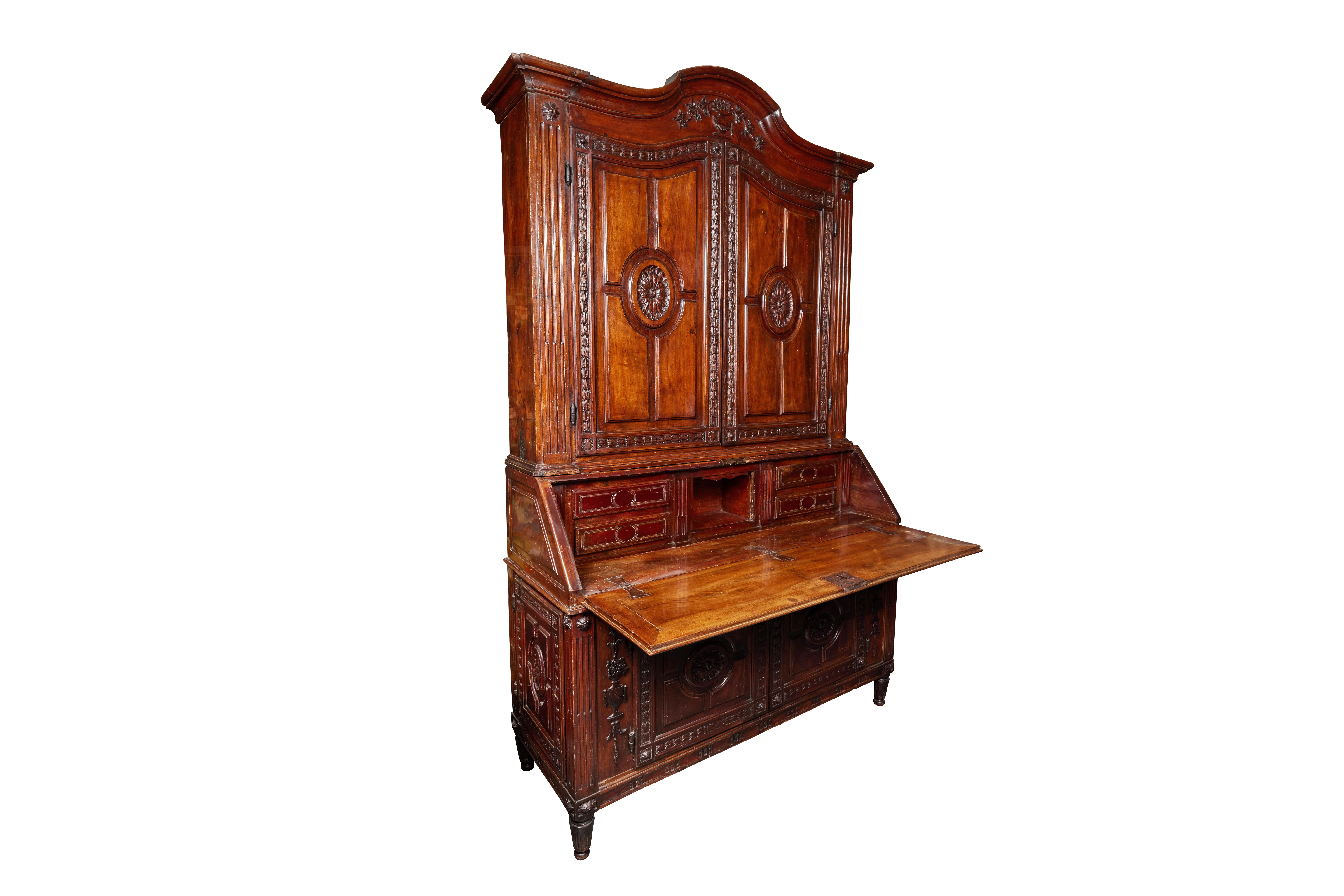 Hand-Carved Northern Italian Walnut Two-Part Secretary For Sale