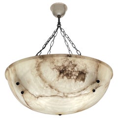Enormous 23.8Ø Shade, Art Deco White & Black Alabaster Pendant / Chandelier 1915