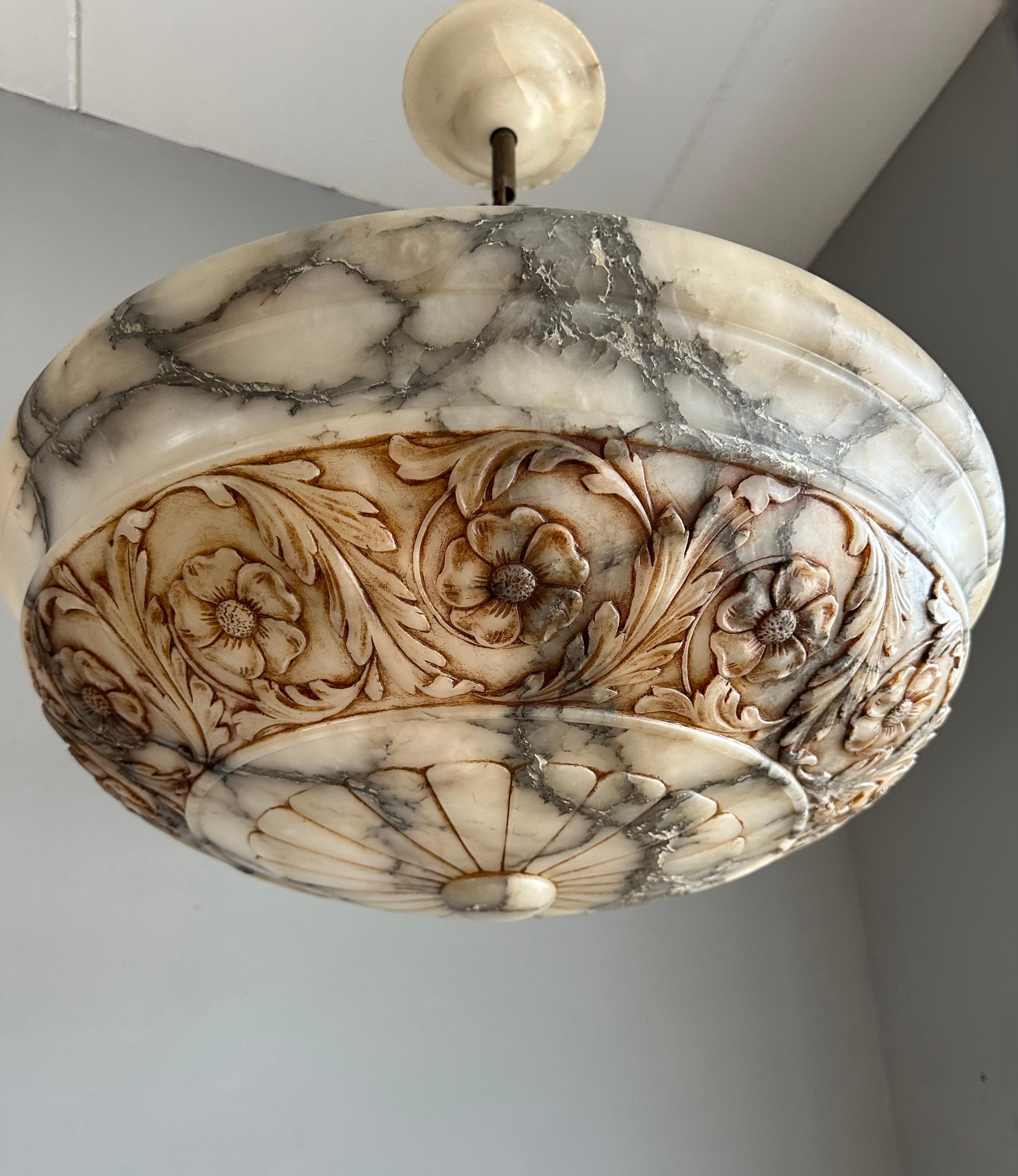 Métal Enormous 25.2Ø Hand Carved Antique Alabaster Floral Pendant / Chandelier 1910s en vente