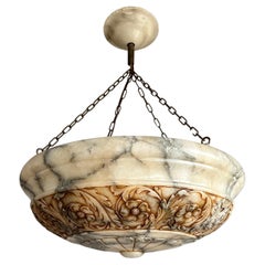 Enormous 25.2Ø Hand Carved Antique Alabaster Floral Pendant / Chandelier 1910s