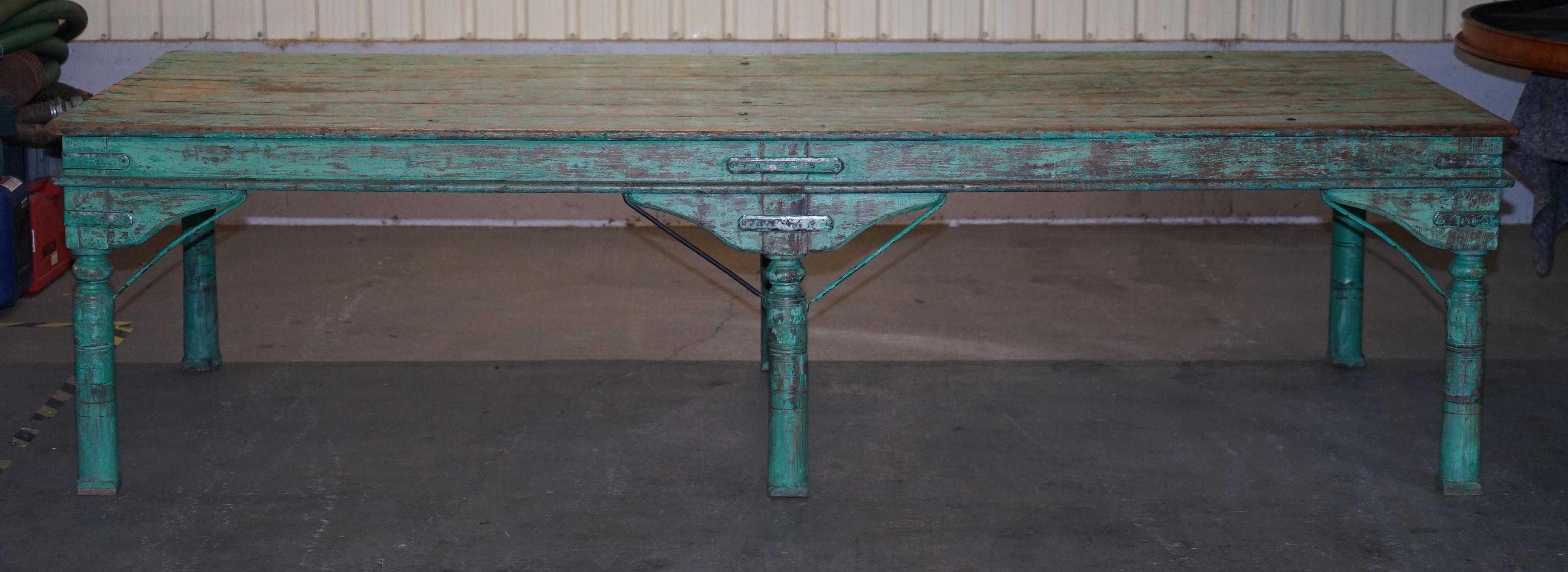 We are delighted to offer for sale this monumental early 20th century Anglo Indian solid teak hand painted Magistrates dining table

A truly staggering piece of furniture, I would say this seats up to 14-16 people with ease and up to 20 with a