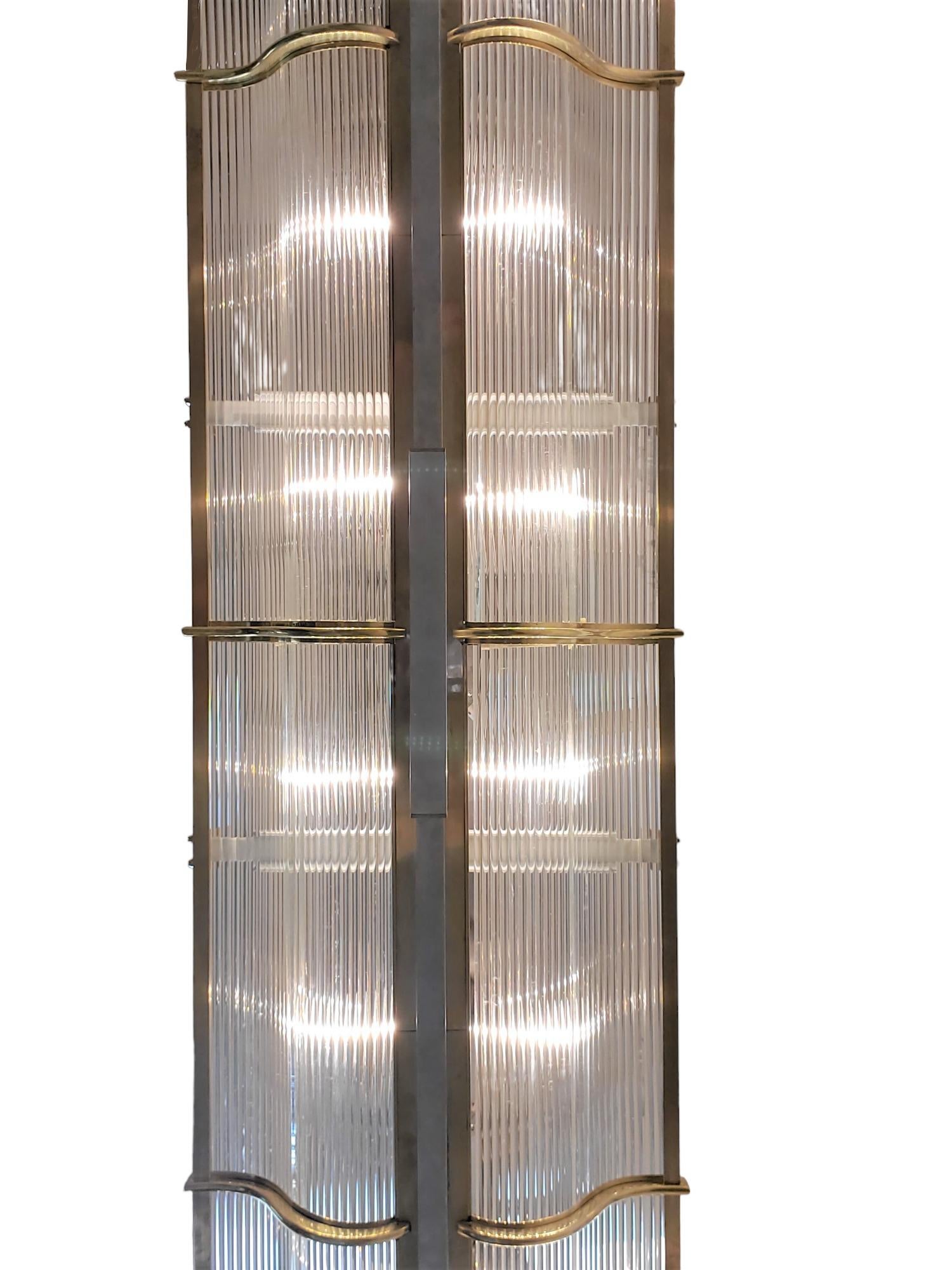 Enormous 7 foot wide rectangular billiard shape glass, steel + brass chandelier 11