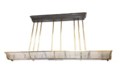 Enormous 7 foot wide rectangular billiard shape glass, steel + brass chandelier