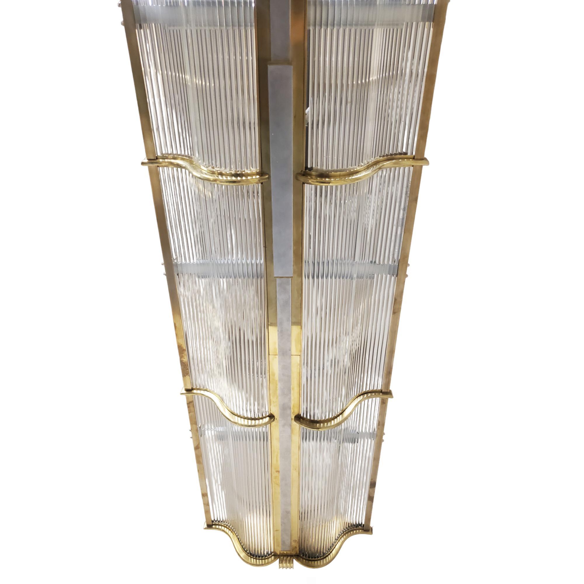 Aluminum Enormous 7 foot wide rectangular billiard shape glass, steel + brass chandelier