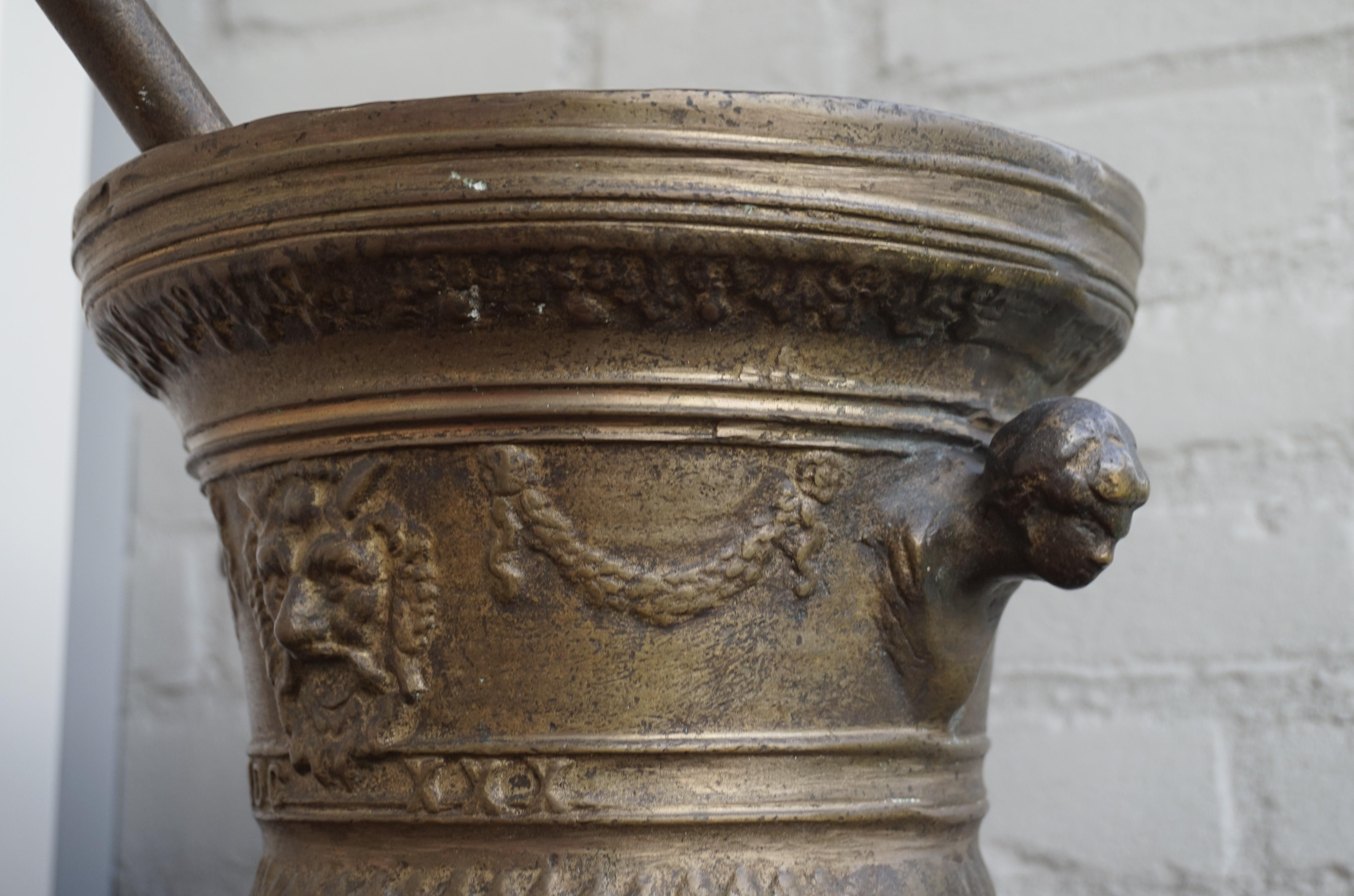 Enormous and Great Condition Antique Bronze Morter and Pestle w. Satyr Sculpture For Sale 4