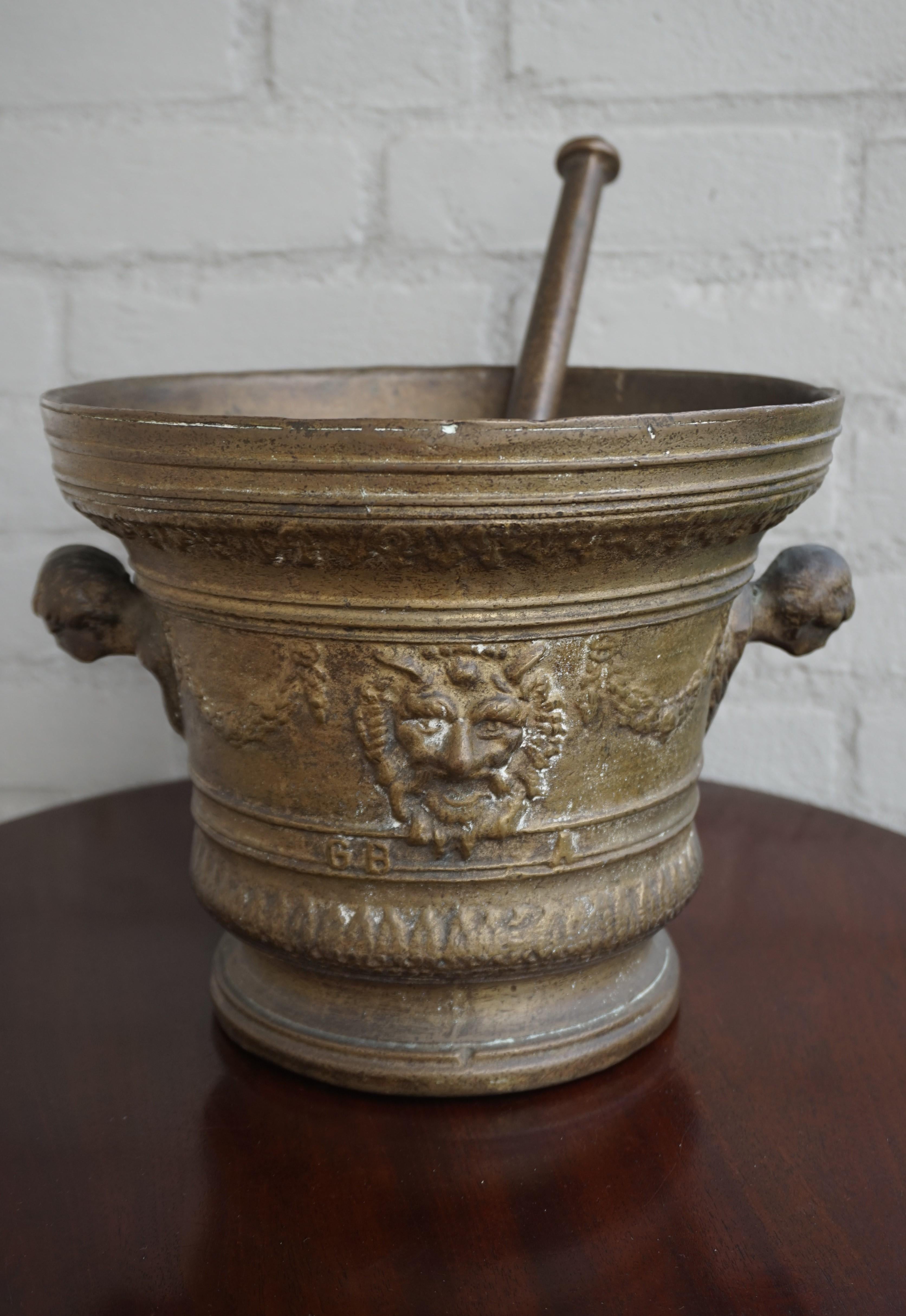 European Enormous and Great Condition Antique Bronze Morter and Pestle w. Satyr Sculpture For Sale