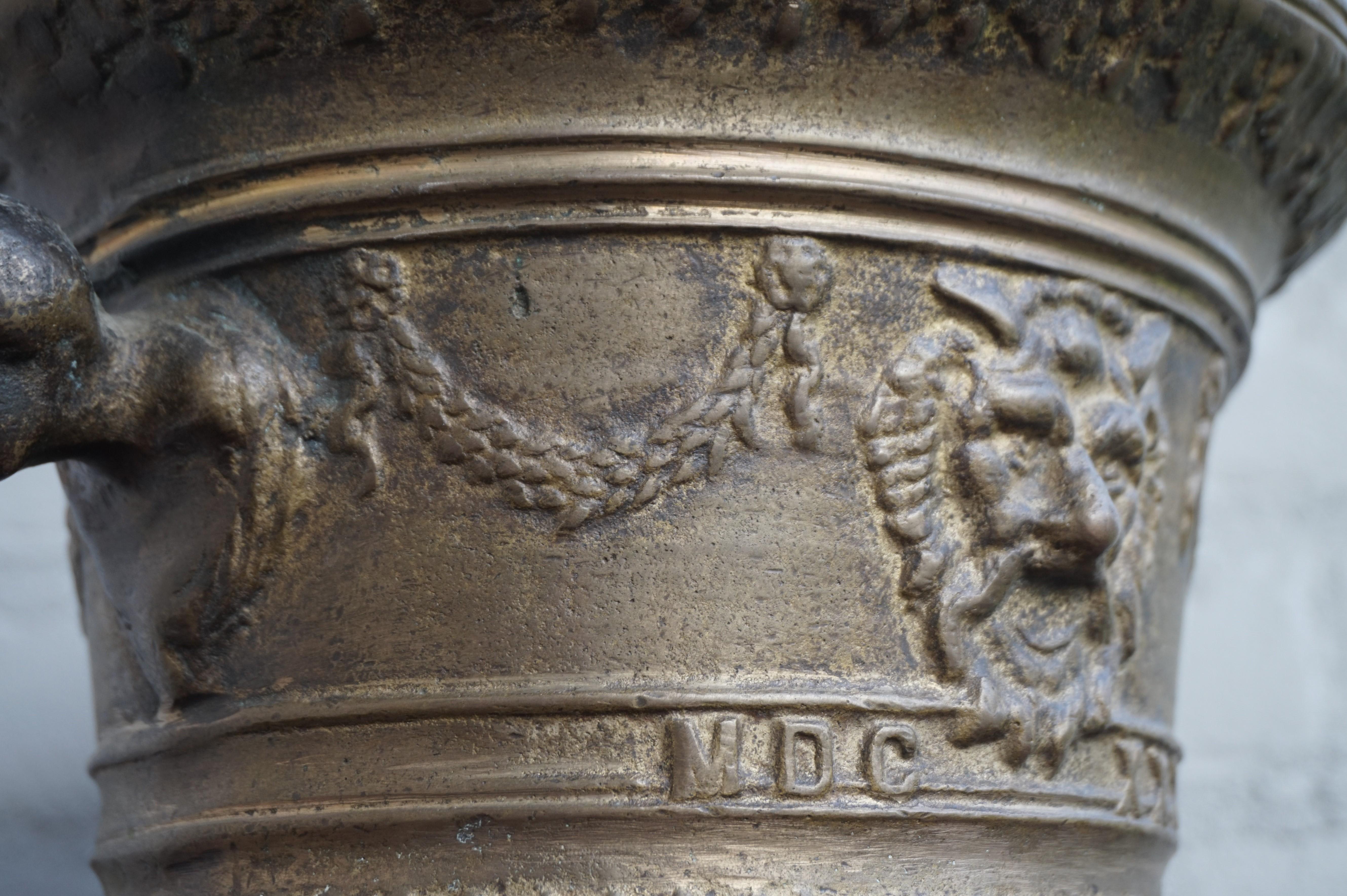 Enormous and Great Condition Antique Bronze Morter and Pestle w. Satyr Sculpture For Sale 3