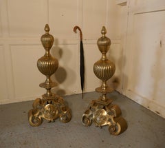 Enormous and Heavy Pair of French Brass Andirons, Fire Dogs or Chenets