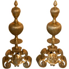 Antique Enormous and Heavy Pair of French Brass Andirons, Fire Dogs or Chenets