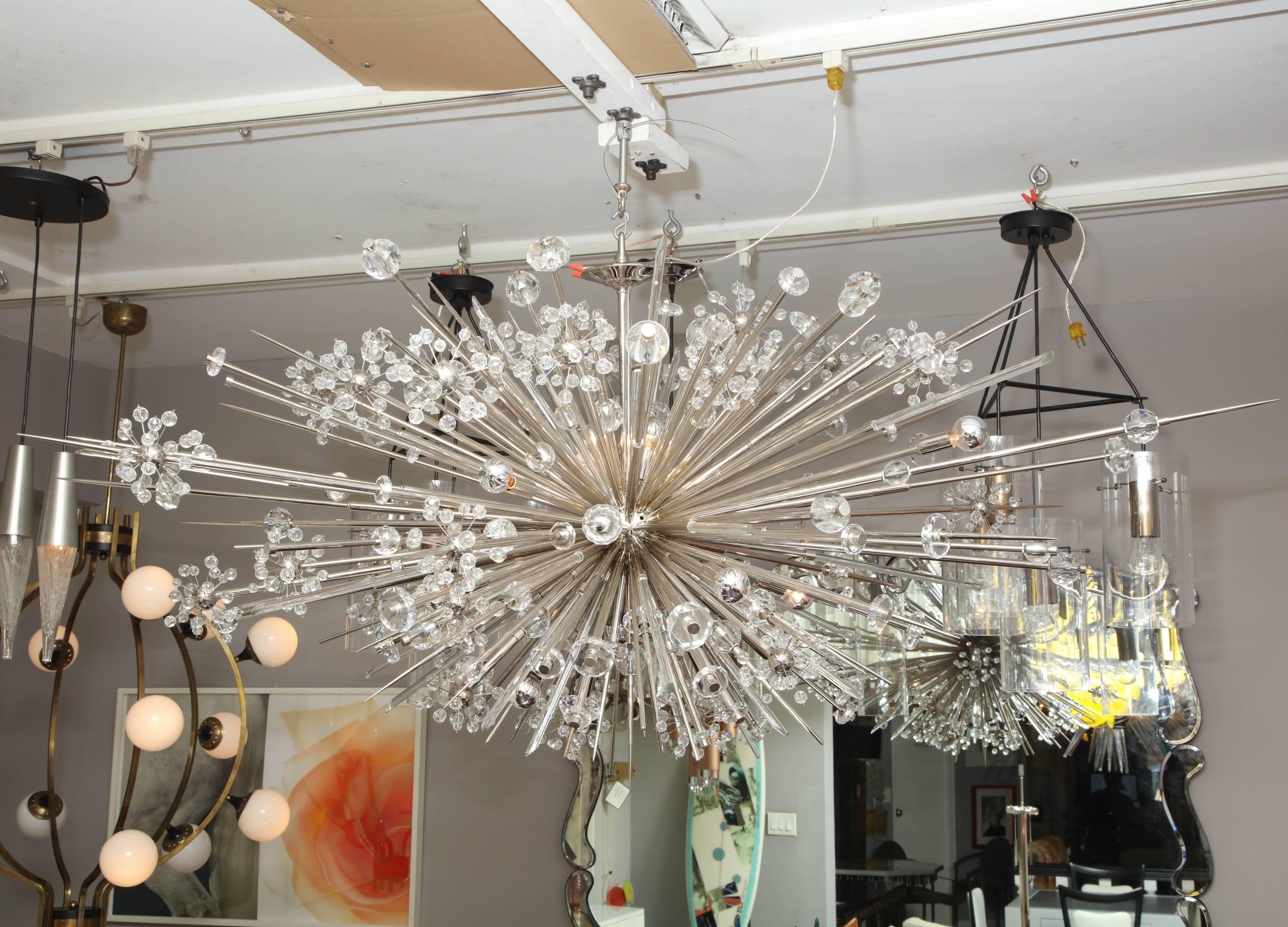 Custom enormous Austrian crystal and glass rod Sputnik Chandelier. Customization is available in different sizes and finishes.