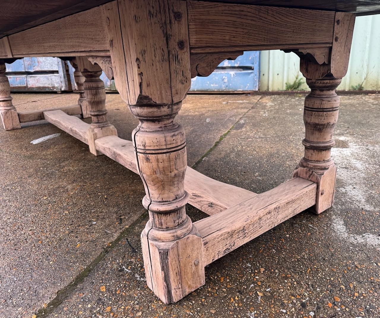 We are pleased to offer this 3.8 Meter Solid Oak Farmhouse Dining Table, not only long but deep also, dating to the early 1900s and of excellent quality pegged construction this table will be around for generations to come. We have bleached it for a