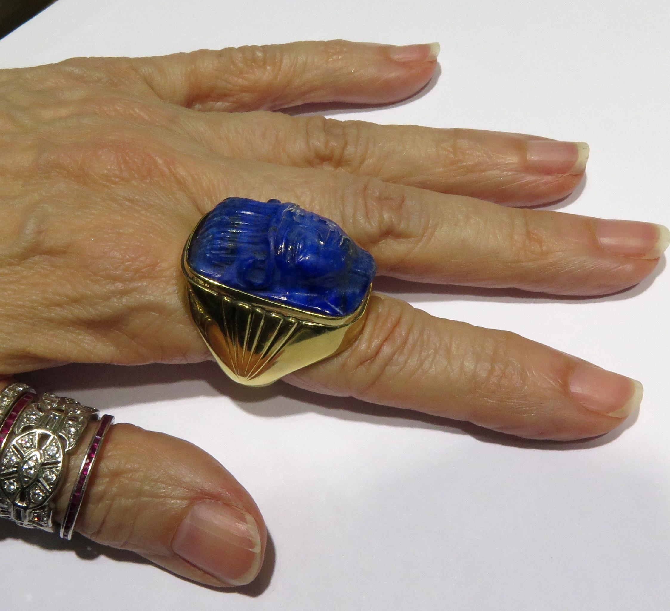 Enormous Carved Lapis Lazuli Unique Gold Face Ring 6