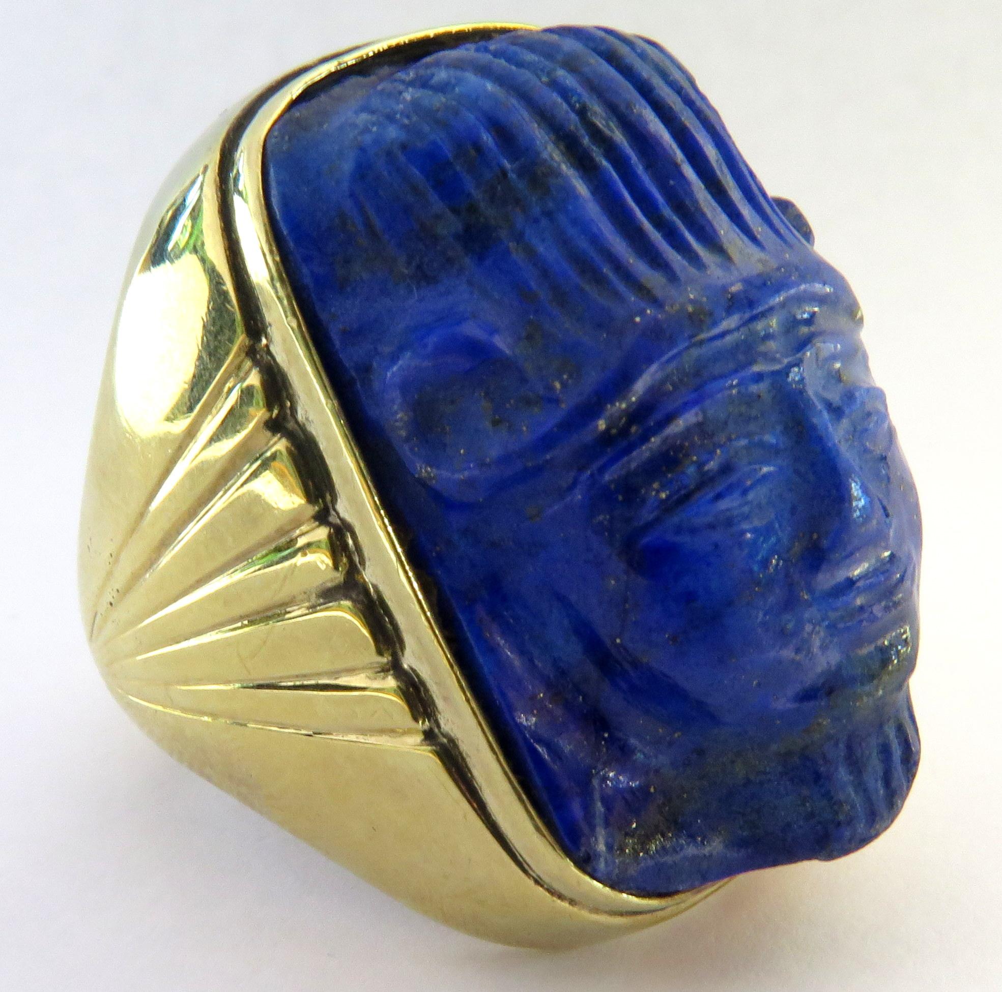 This huge carved lapis head ring is definitely a conversation piece. This ring was made in the 1940s, but the carved lapis head is much older. 
This ring is a size 10 1/4 but can easily be sized. 
This ring weighs 26 grams. 