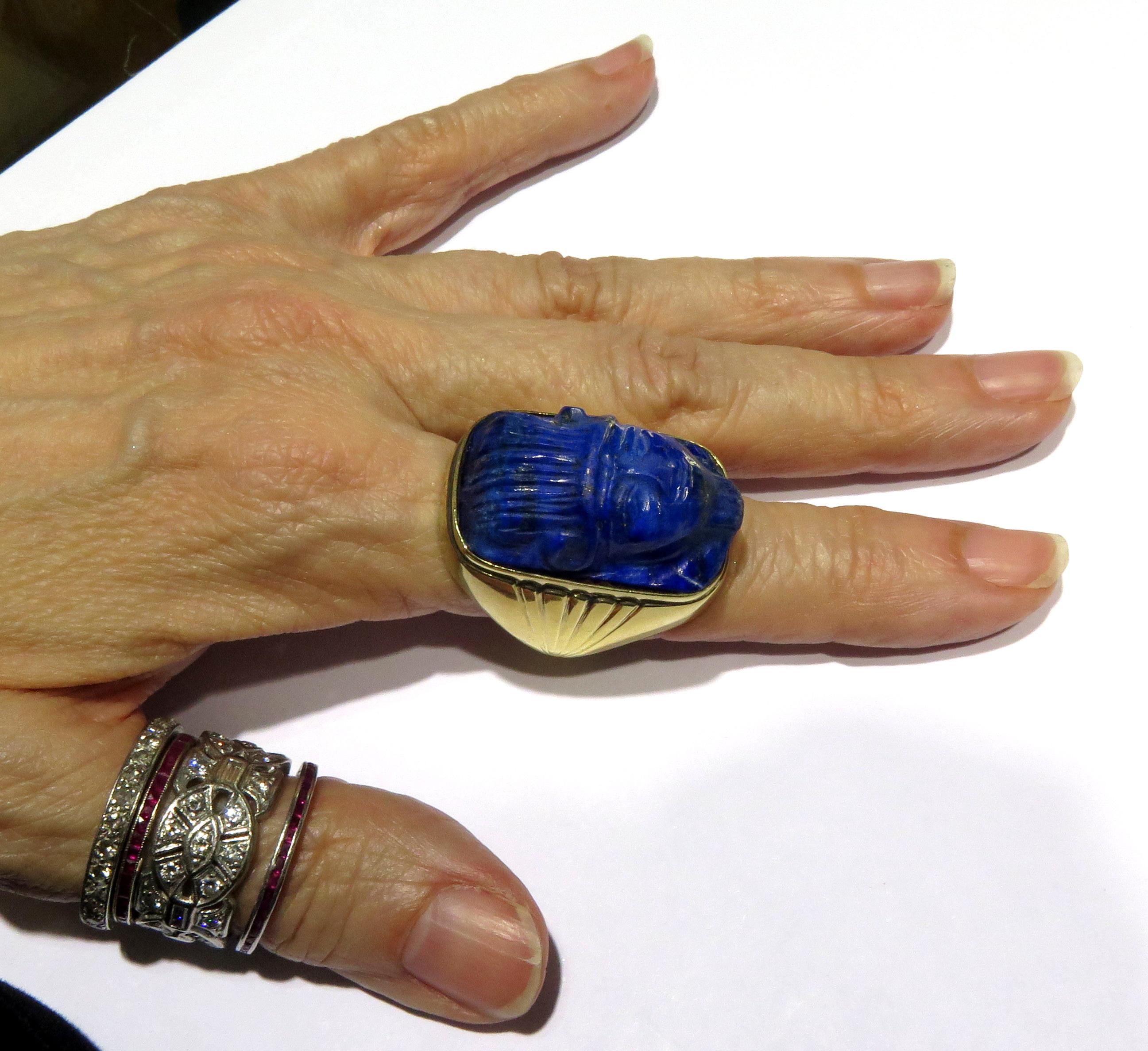 Enormous Carved Lapis Lazuli Unique Gold Face Ring In Excellent Condition In Palm Beach, FL