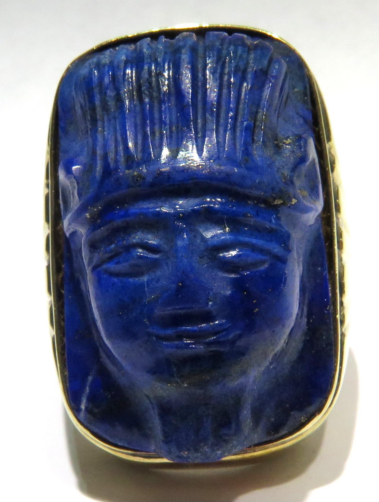 Men's Enormous Carved Lapis Lazuli Unique Gold Face Ring