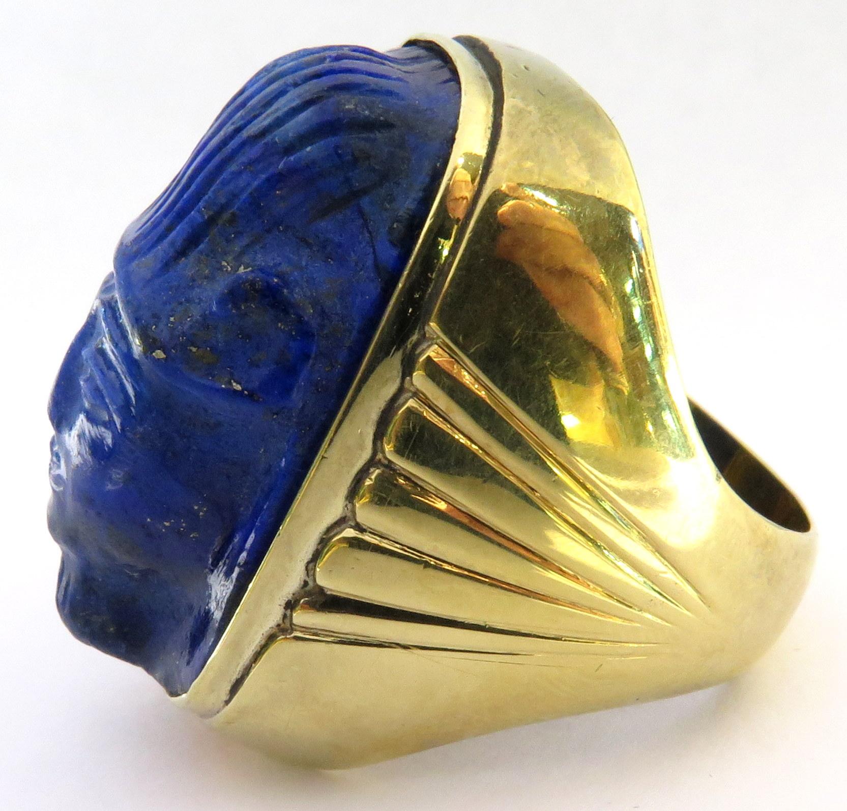 Enormous Carved Lapis Lazuli Unique Gold Face Ring 1