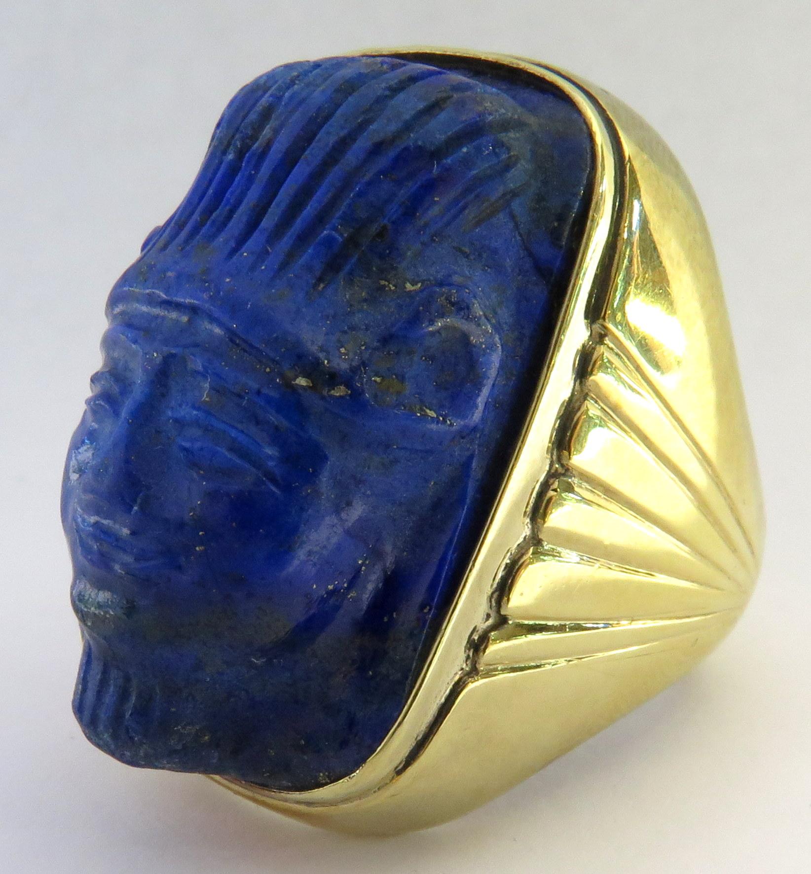 Enormous Carved Lapis Lazuli Unique Gold Face Ring 2