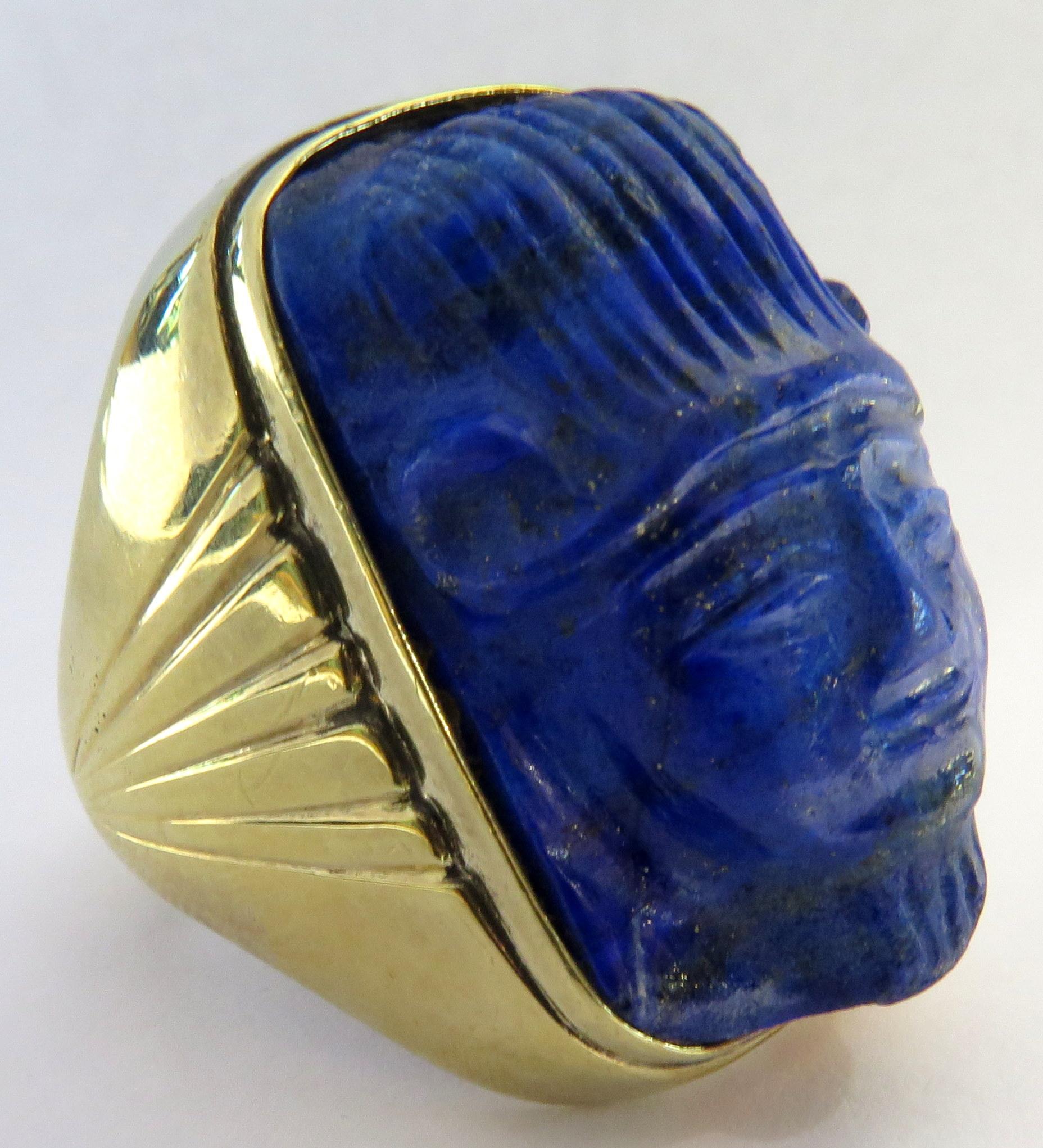 Enormous Carved Lapis Lazuli Unique Gold Face Ring 3