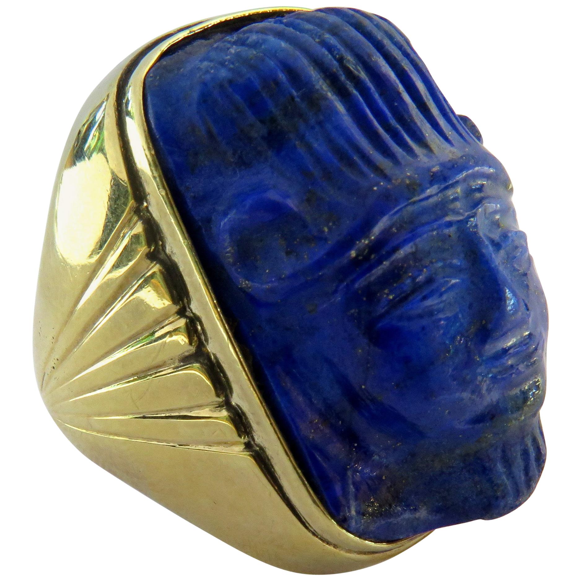 Enormous Carved Lapis Lazuli Unique Gold Face Ring