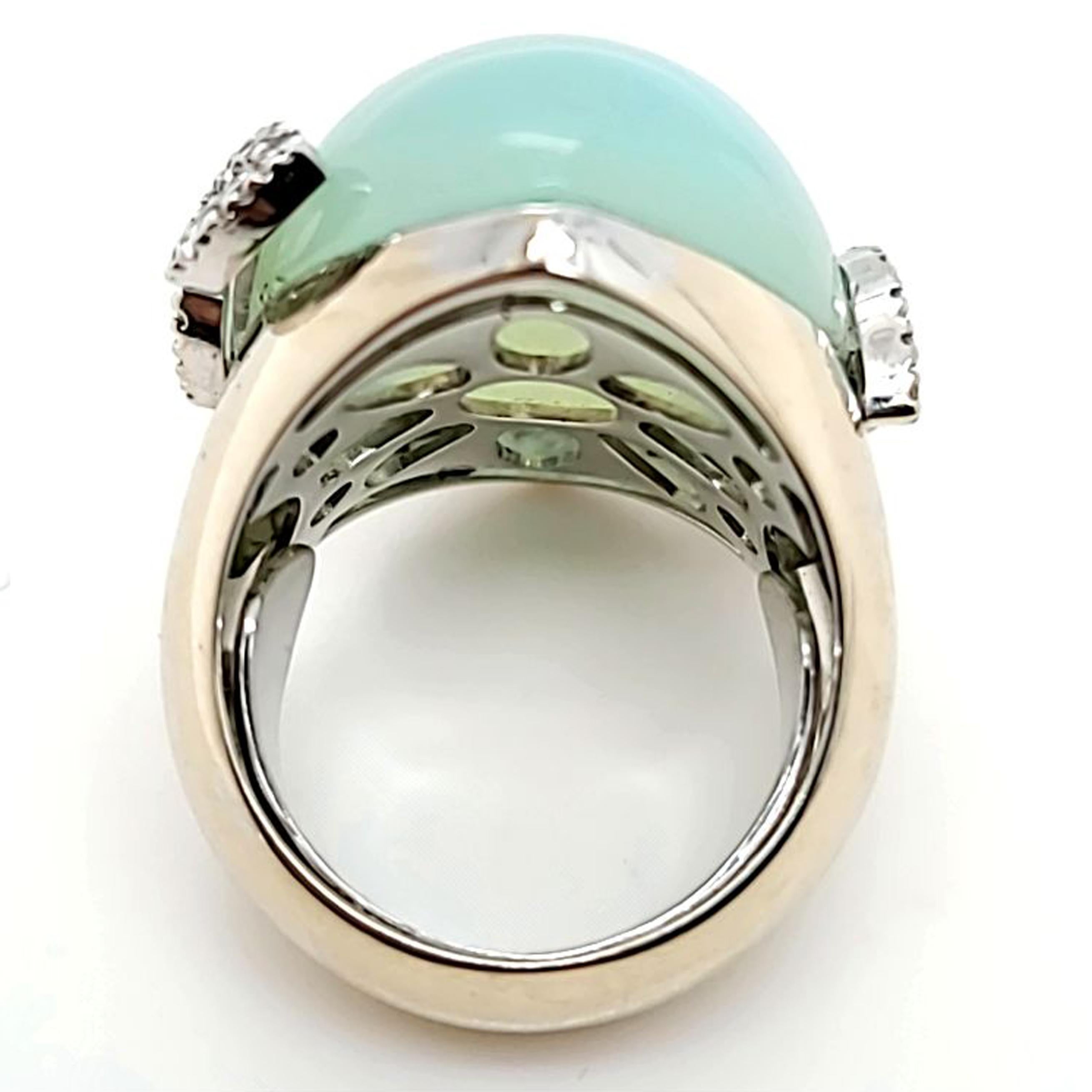Cabochon Enormous Chalcedony and Diamond Domed Cocktail Ring in White Gold For Sale