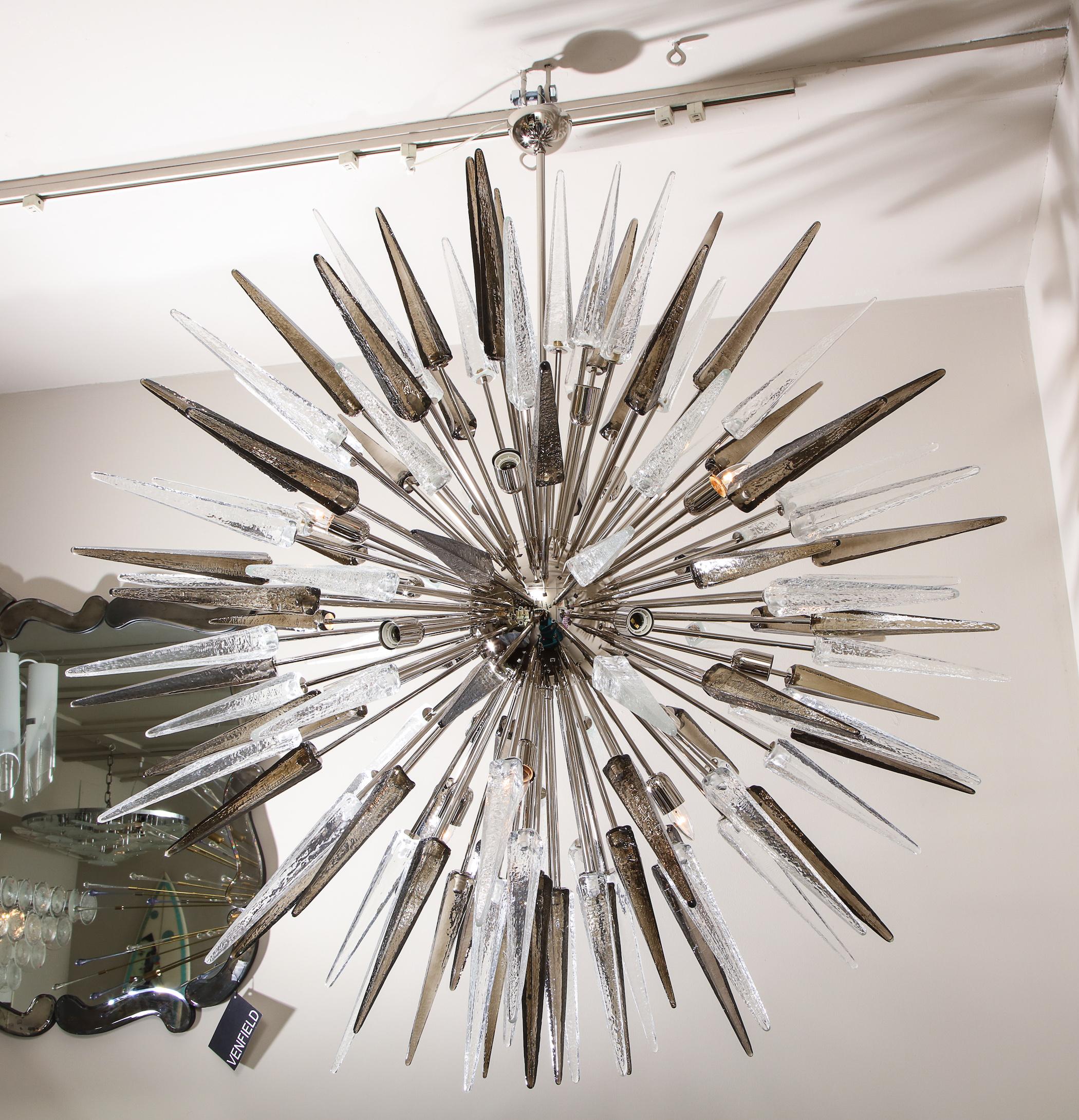 Enormous clear and smoke Murano glass spike sputnik chandelier in nickel finish. Each glass piece is handmade and about 1.5