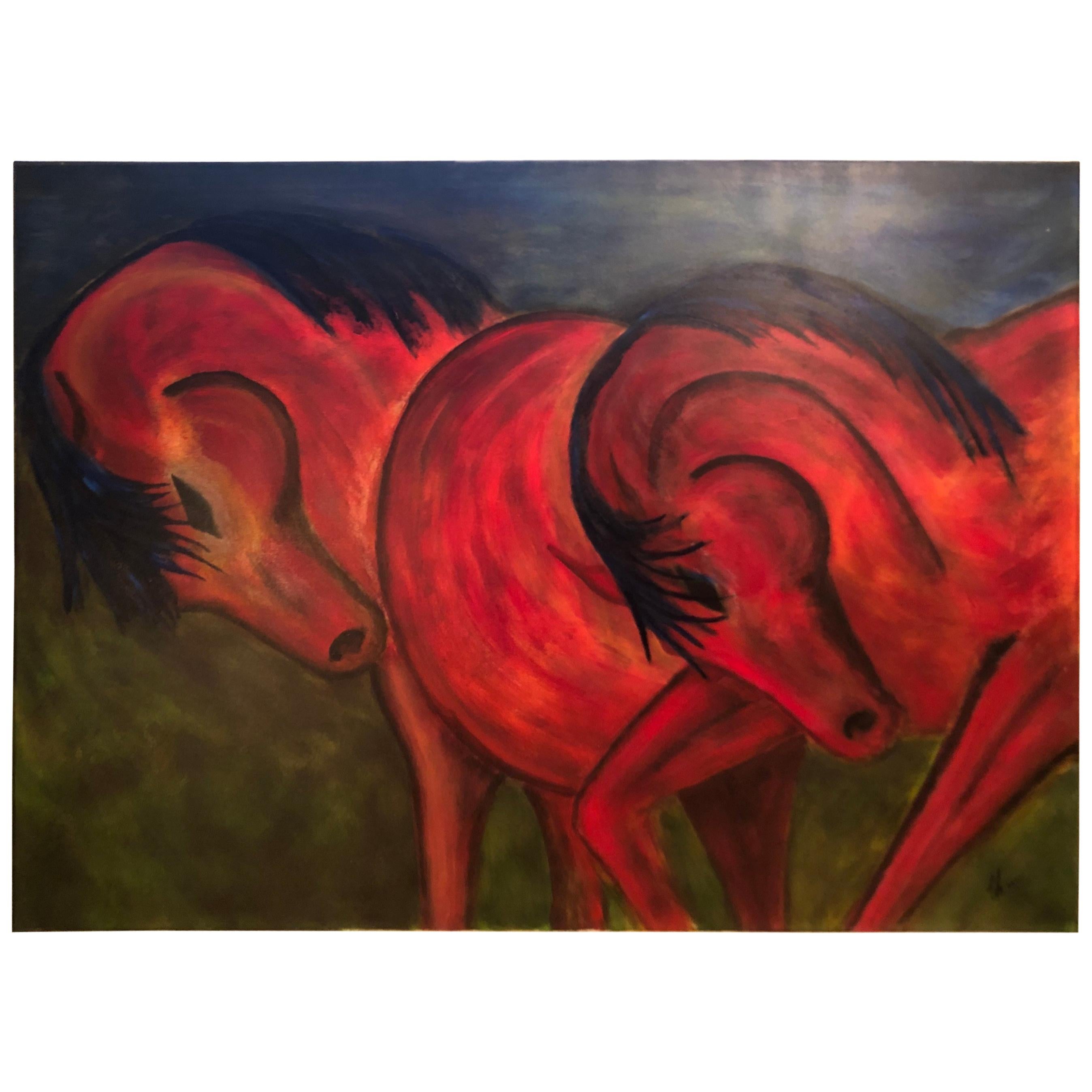 Enormous contemporary oil on canvas of horses. This item has recently been reframed ,see all photos. Can be hung horizontally or vertically but the artists signature is in the lower right corner. Clean modern lines.

Dimensions
Height: 38 in. (91.44
